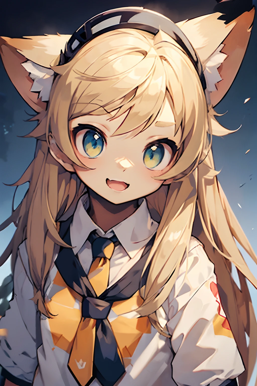 shoot from front,Looking straight at us from the front、white backgrounid、1girl in, Solo, Open your mouth wide to the maximum、small ears、drooping ears、thin lipss、Anime girl with long blonde hair and white shirt and blue tie, anime look of a cute girl, Blonde anime girl with long hair, cheely smile, Beautiful high school student anime girl, anime visual of a young woman, extremely cute anime girl face, Best Girl Anime