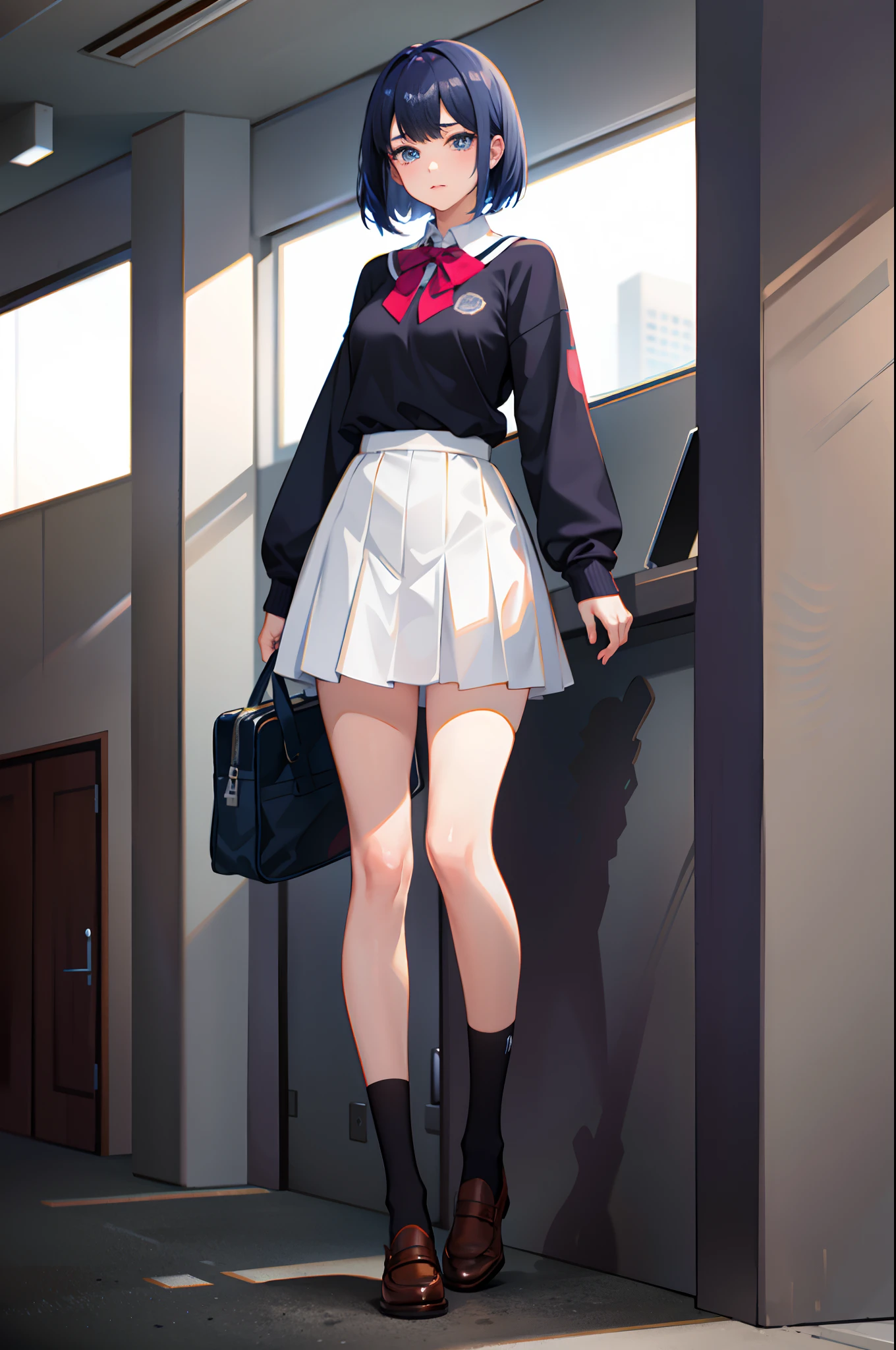 1girl, matching shoes, matching socks, dark blue hair, dark blue eyes, medium breasts, stand, standing, bob hair, high school uniform, high school backdrop, solo, beautiful detailed eyes