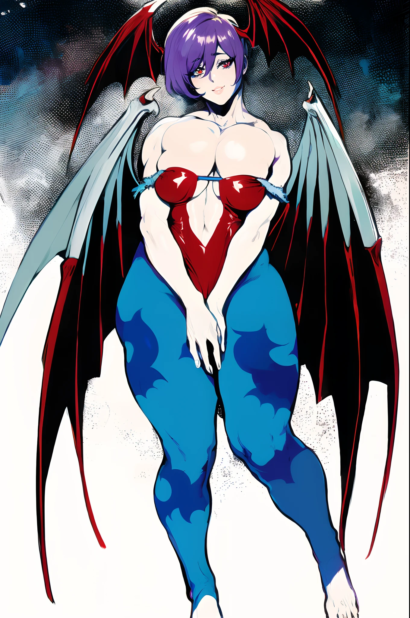 best quality,masterpiece:1.2),intricate details,beautiful detailed eyes,beautiful detailed lips,extremely detailed eyes and face,longeyelashes,darkstalkers_lilith modeseven,comic style,vibrant colors,standing,innocent, full body, standing, smile,Modeseven - Style, big breast, feet, flying ,wings ,smile, blush, happy