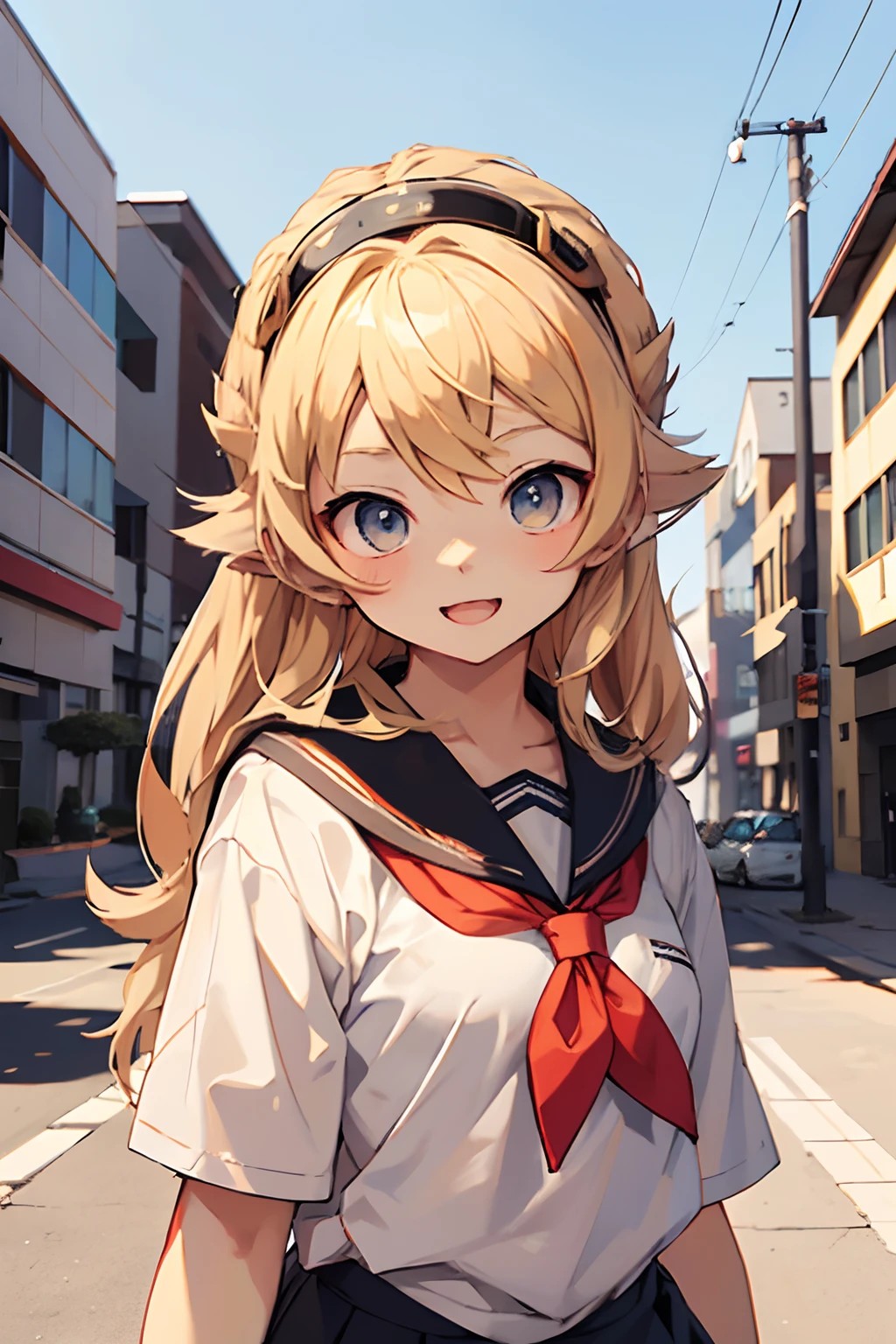 shoot from front,View from the front、white backgrounid、1girl in, Solo, Open your mouth wide to the maximum、a sailor suit、student clothes、drooping ears、thin lipss、Long blonde hair and white shirt, anime look of a cute girl, Blonde anime girl with long hair, cheely smile, Beautiful high school student anime girl, anime visual of a young woman, extremely cute anime girl face, Best Girl Anime