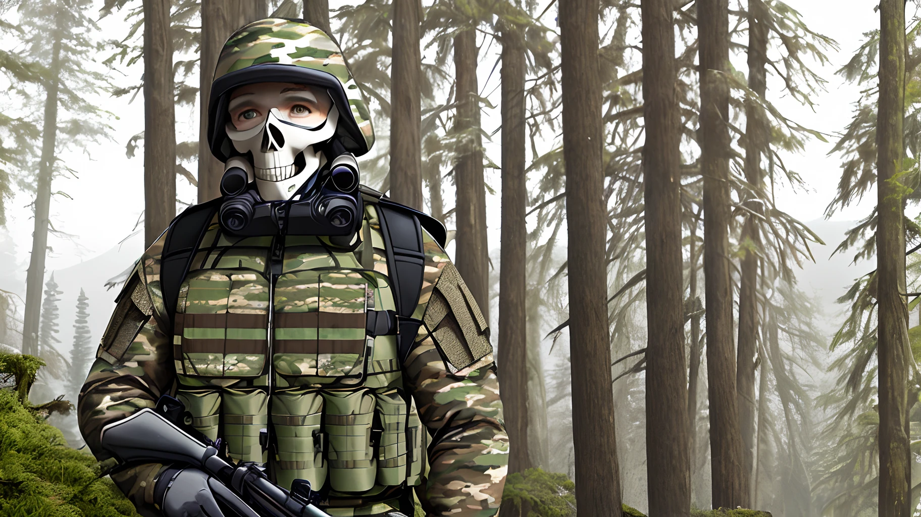 White man, skull mask, Pacific Northwest forest, camouflage, modern bullet proof vest, holding rifle