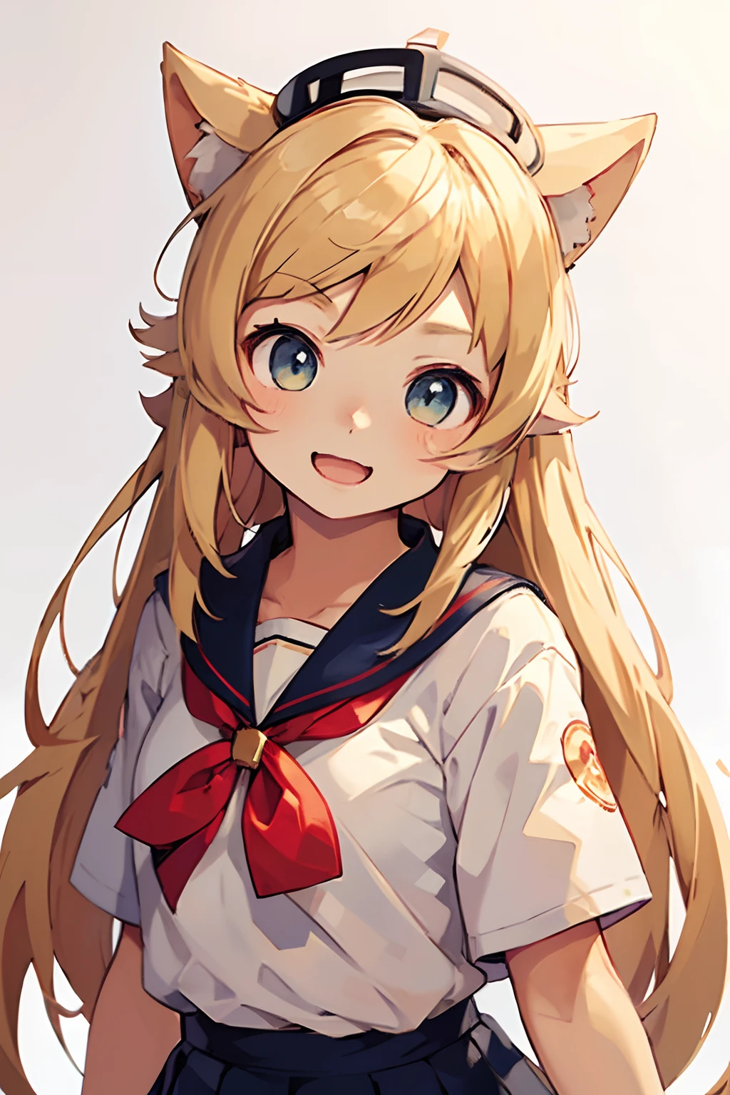 shoot from front,View from the front、white backgrounid、1girl in, Solo, Open your mouth wide to the maximum、a sailor suit、student clothes、drooping ears、thin lipss、Long blonde hair and white shirt, anime look of a cute girl, Blonde anime girl with long hair, cheely smile, Beautiful high school student anime girl, anime visual of a young woman, extremely cute anime girl face, Best Girl Anime