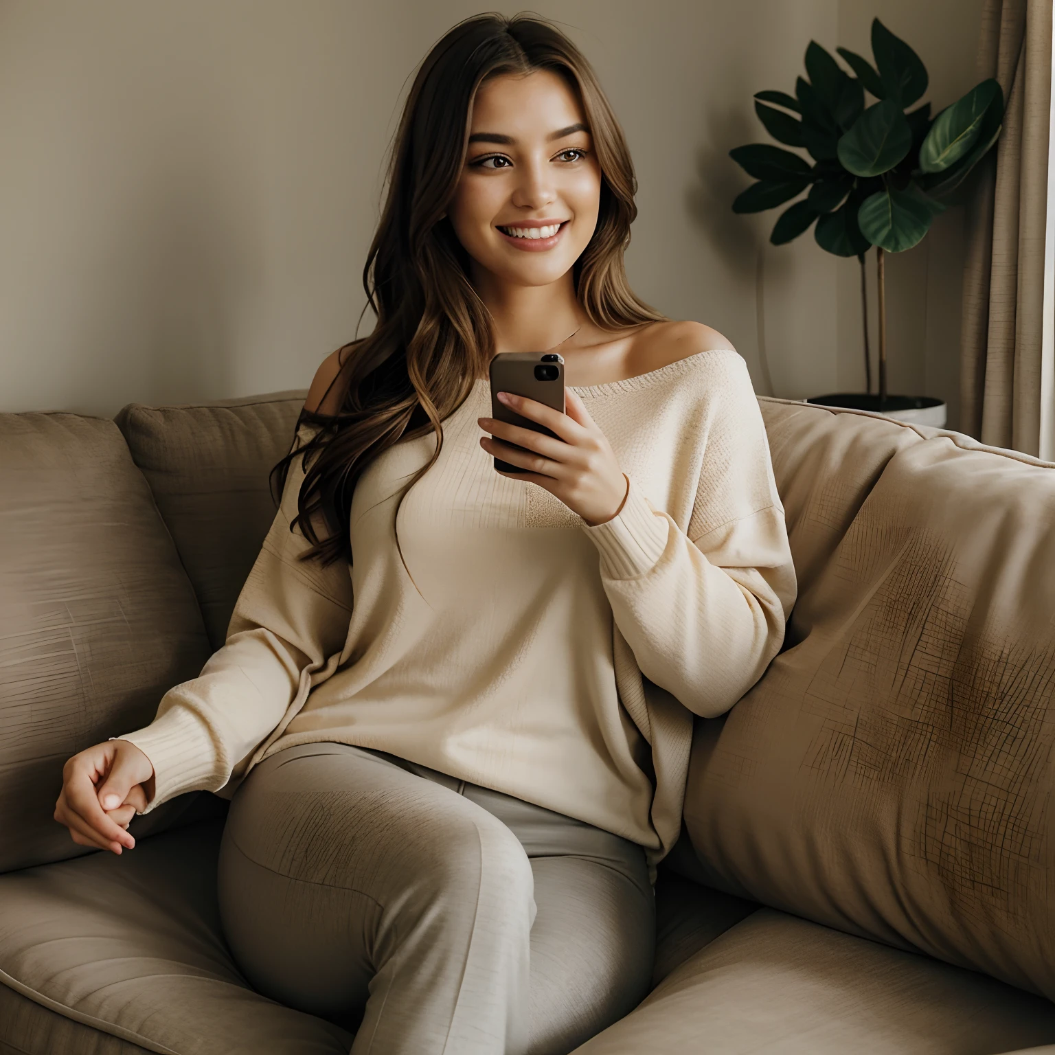 Capture the candid essence of Autumn, the charismatic influencer, laughing at something on her phone as she lounges comfortably on her home couch. Autumn, in her mid-20s, stands at approximately 5'4" with long, wavy chestnut hair cascading gracefully onto her shoulders. Her athletic hourglass figure is accentuated by her full bust, and her complexion radiates with a warm, sun-kissed tan. Autumn's expressive brown eyes exude charisma, and her demeanor is one of relaxed confidence.

Autumn is dressed in stylish yet comfy loungewear that complements her figure. She's adorned in a cozy, form-fitting sweater in a warm, inviting color, paired with soft, relaxed-fitting leggings. These clothes highlight her effortless style while ensuring maximum comfort.

The surroundings capture the coziness of Autumn's home. She's seated on a plush couch, adorned with soft cushions and cozy throws, and bathed in warm, inviting lighting that creates a comfortable and welcoming atmosphere.

But the spotlight here is on Autumn herself. In this candid moment, she's captured mid-laughter, her cellphone held in one hand, and her eyes twinkling with delight as she reads something amusing on the screen. These shots should masterfully convey the sheer joy and relaxation of her leisure time, with her phone and laughter as the focal point.

Intense makeup, laughter, looking down, symmetrical eyes, symmetrical face, photorealistic, photography, path tracing, specular lighting, volumetric face light, path traced hair, visible shadows, intricate, elaborate, hyper-realistic.
