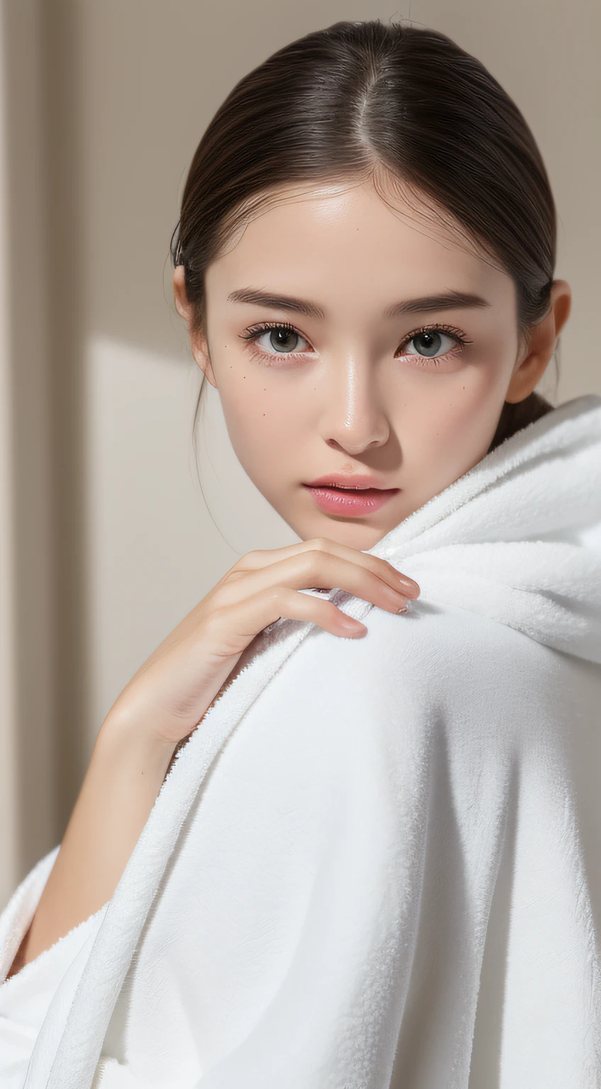 (RAW photo, Best quality), (Realistic, photo-realistic:1.2),High quality, (highdetailskin:1.4), 1girll,delicated face,are standing,White bath towels,wet clothes,drops,see-through