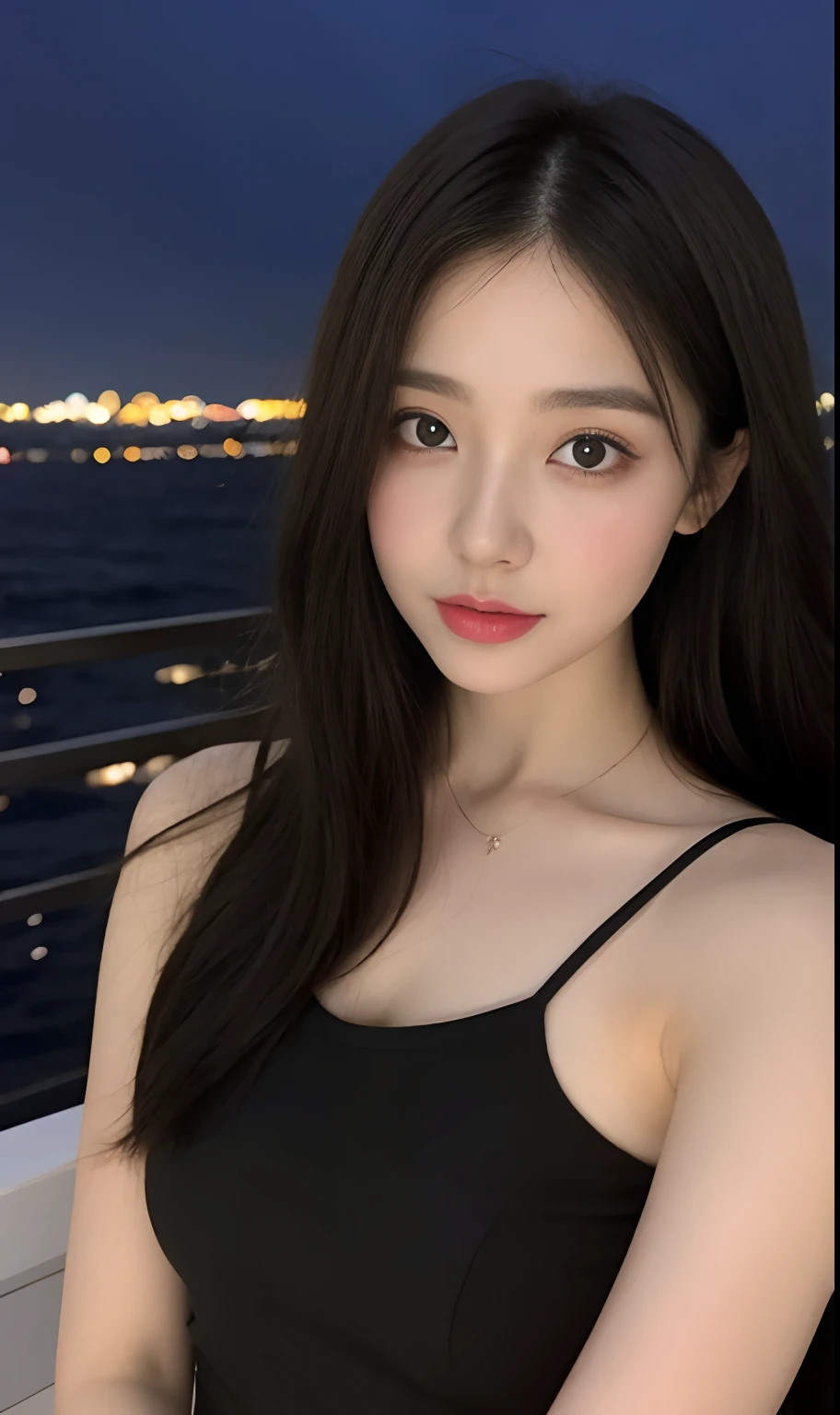 (Original photo of 8K,best qualtiy,tmasterpiece:1.2),(Medium view),the night,Night on a yacht,Sea and night view in the background,best qualtiy,tmasterpiece,(Small mouth:1.2),short- sleeved,short- sleeved,short- sleeved,short- sleeved,an extremely delicate and beautiful one,,astounding,finely detailled,tmasterpiece,Best quality at best,(age 22:1.2),Narrow waist,Slim,is shy,Pure,adolable,Bushy hair,Soft hair,big breasts beautiful,A detailed eye,(long whitr hair:1.2)