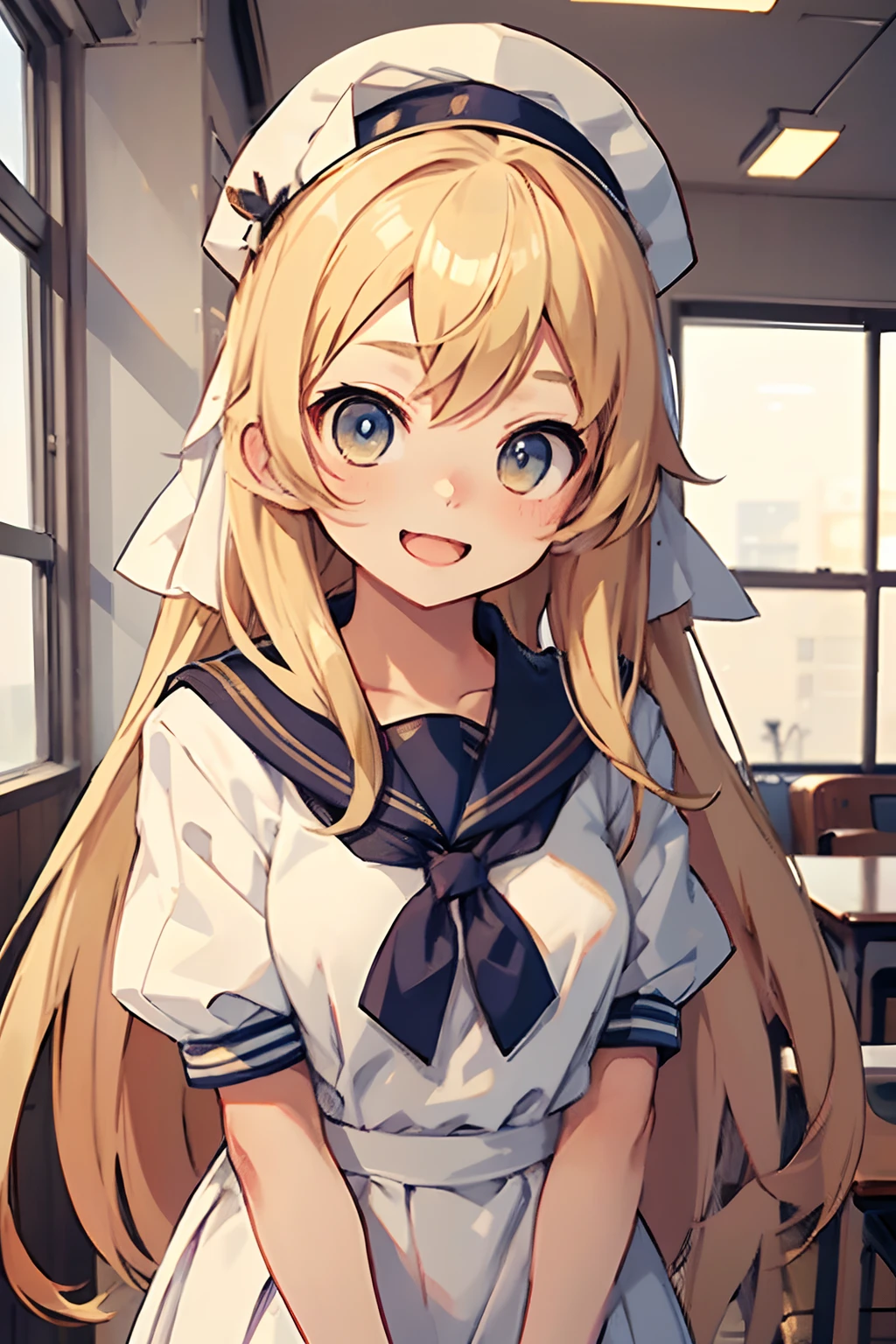 shoot from front,View from the front、white backgrounid、1girl in, Solo, Open your mouth wide to the maximum、a sailor suit、student clothes、Maid Cap、thin lipss、Long blonde hair and white shirt, anime look of a cute girl, Blonde anime girl with long hair, cheely smile, Beautiful high school student anime girl, anime visual of a young woman, extremely cute anime girl face, Best Girl Anime