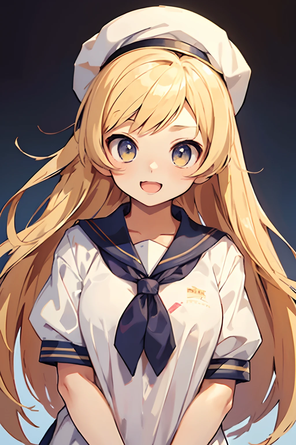 shoot from front,View from the front、white backgrounid、1girl in, Solo, Open your mouth wide to the maximum、a sailor suit、student clothes、Maid Cap、thin lipss、Long blonde hair and white shirt, anime look of a cute girl, Blonde anime girl with long hair, cheely smile, Beautiful high school student anime girl, anime visual of a young woman, extremely cute anime girl face, Best Girl Anime