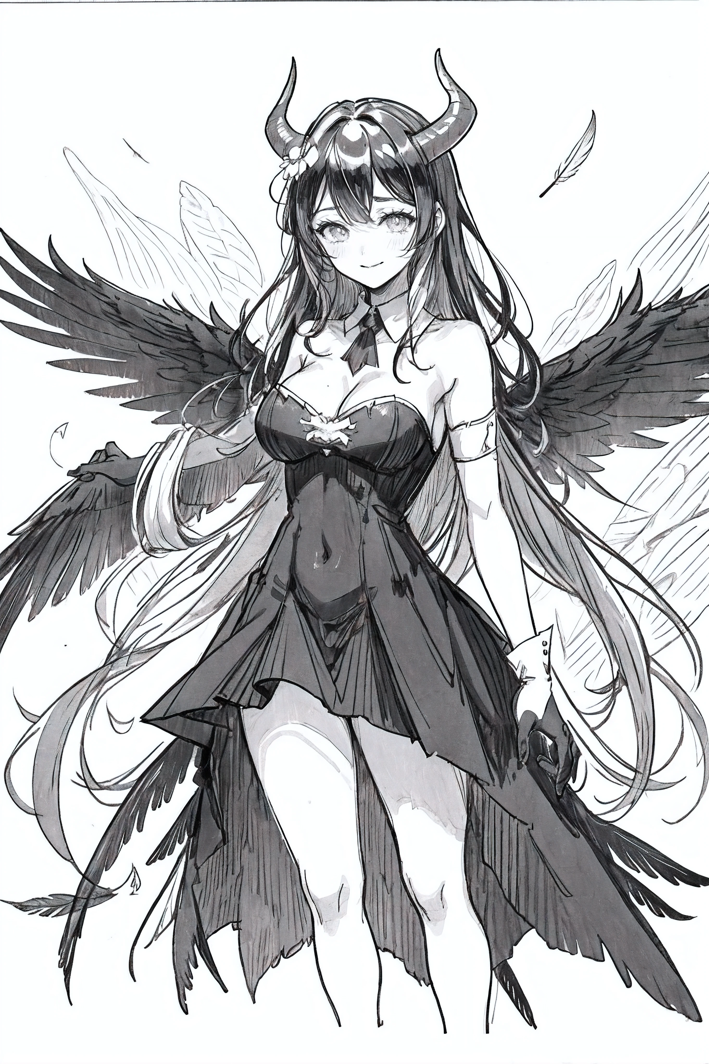 1girl,Line Art,monochrome,sketch,Pencil drawing,traditional media,1girl, breasts, solo, horns, long hair, albedo (overlord), wings, large breasts, dress, hip vent, black wings, white gloves, gloves, looking at viewer, black hair, white dress, bare shoulders, hair between eyes, yellow eyes, feathered wings, demon horns, smile, feathers, demon girl, cleavage, slit pupils, detached collar, bangs, very long hair, closed mouth, black feathers, cowboy shot, covered navel, elbow gloves, white horns, standing, demon wings ,