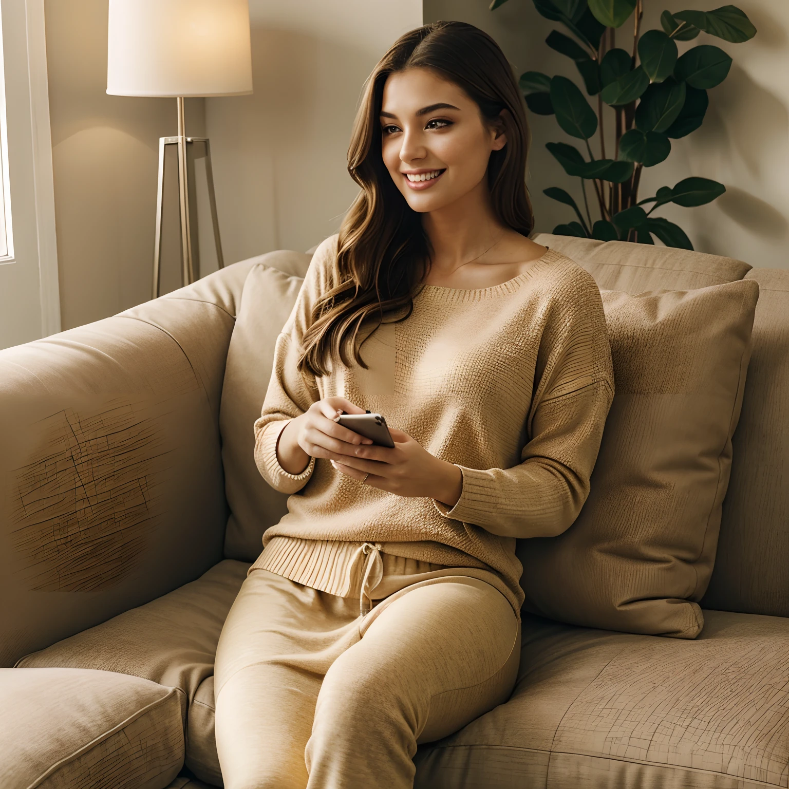 Capture the candid essence of Autumn, the charismatic influencer, laughing at something on her phone as she lounges comfortably on her home couch. Autumn, in her mid-20s, stands at approximately 5'4" with long, wavy chestnut hair cascading gracefully onto her shoulders. Her athletic hourglass figure is accentuated by her full bust, and her complexion radiates with a warm, sun-kissed tan. Autumn's expressive brown eyes exude charisma, and her demeanor is one of relaxed confidence.
Autumn is dressed in stylish yet comfy loungewear that complements her figure. She's adorned in a cozy, form-fitting sweater in a warm, inviting color, paired with soft, relaxed-fitting leggings. These clothes highlight her effortless style while ensuring maximum comfort.
The surroundings capture the coziness of Autumn's home. She's seated on a plush couch, adorned with soft cushions and cozy throws, and bathed in warm, inviting lighting that creates a comfortable and welcoming atmosphere.
But the spotlight here is on Autumn herself. In this candid moment, she's captured mid-laughter, her cellphone held in one hand, and her eyes twinkling with delight as she reads something amusing on the screen. These shots should masterfully convey the sheer joy and relaxation of her leisure time, with her phone and laughter as the focal point.
Intense makeup, laughter, looking down, symmetrical eyes, symmetrical face, photorealistic, photography, path tracing, specular lighting, volumetric face light, path traced hair, visible shadows, intricate, elaborate, hyper-realistic.