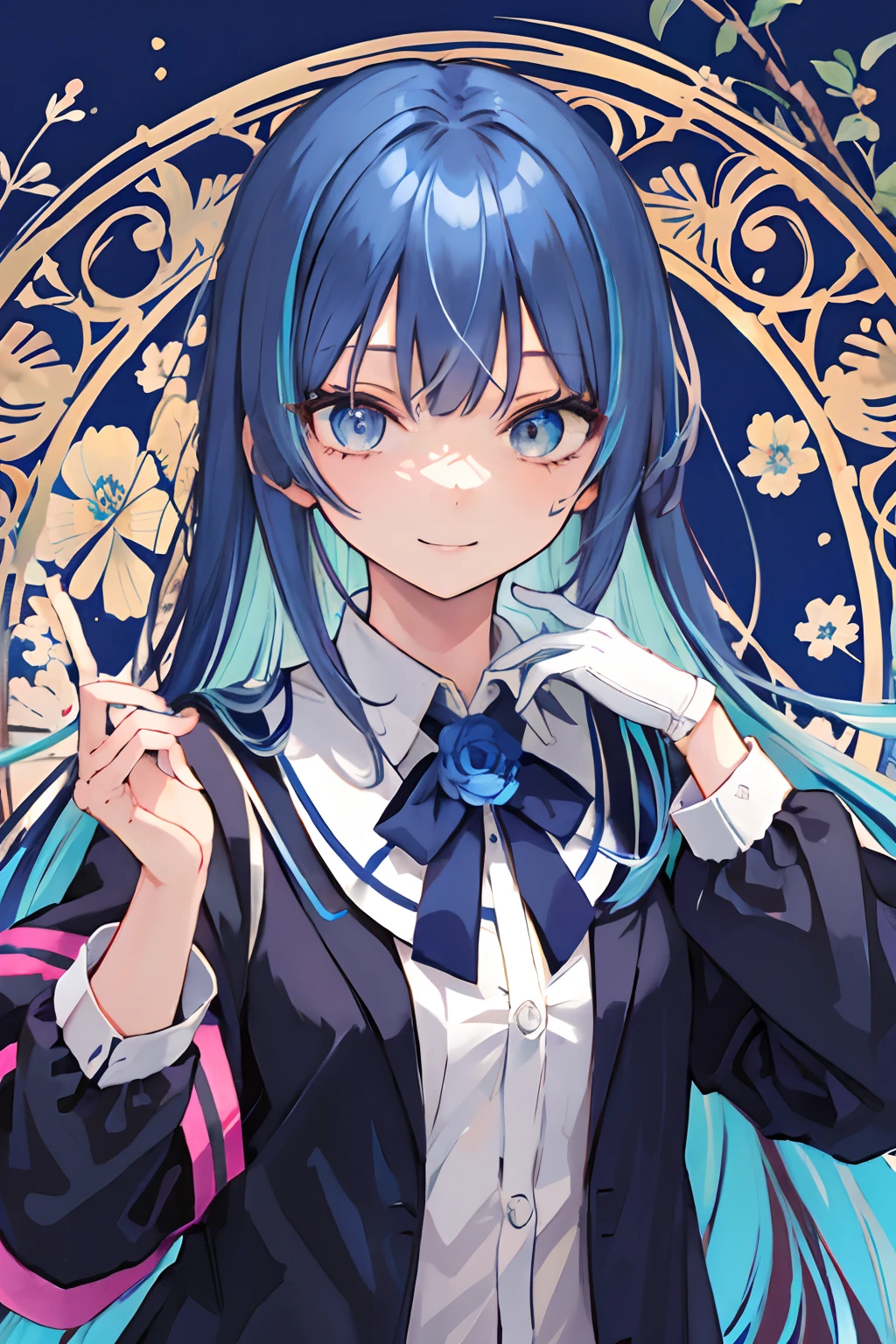 (masutepiece, Best Quality:1.2), Intricate details, Ado, 1girl in, Bangs, Blue hair, blue flower, gloves, Long sleeves, multicolored hair, Long hair, Jacket, Collared shirt, lightsmile, (maturefemale:1.2)