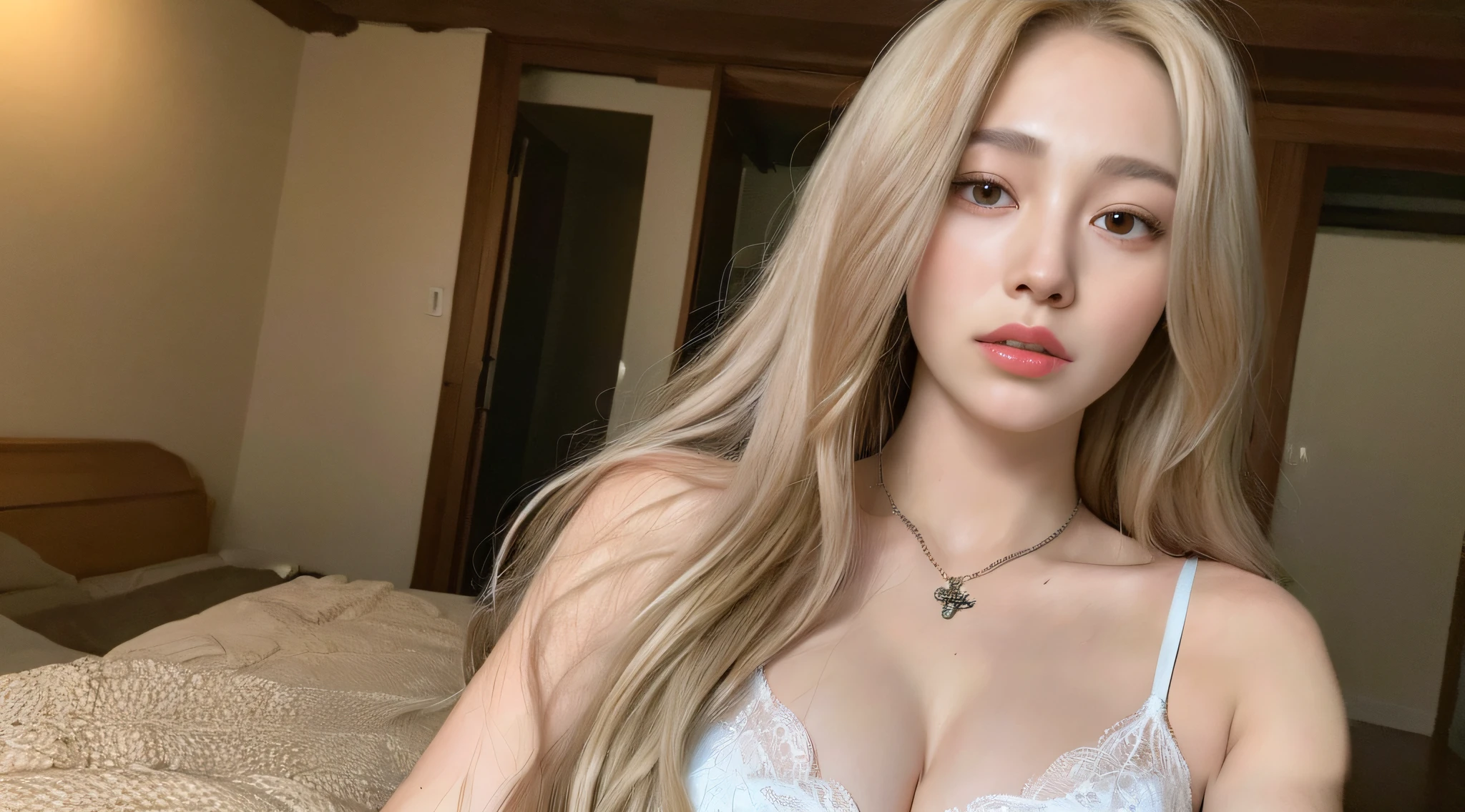 Blonde woman with long hair holding a white cell phone., retrato de kim petras, maquillaje popular de corea del sur, Retrato de Jossi de Blackpink, Parque Roseanne de Blackpink, ulzzang, maquillaje coreano popular, cruel korean gothic girl, ava max, con el pelo largo y blanco, inspirado en Yanjun Cheng, bella delfina, kim taejin