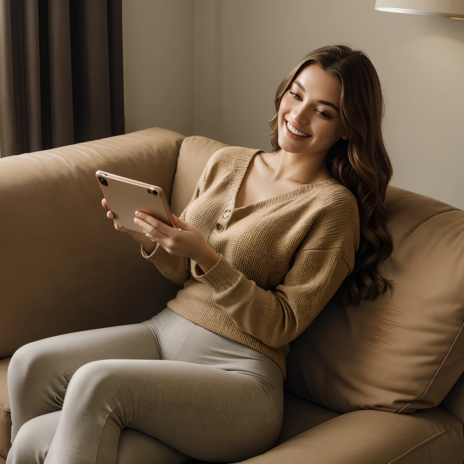 Capture the candid essence of Autumn, the charismatic influencer, laughing at something on her phone as she lounges comfortably on her home couch. Autumn, in her mid-20s, stands at approximately 5'4" with long, wavy chestnut hair cascading gracefully onto her shoulders. Her athletic hourglass figure is accentuated by her full bust, and her complexion radiates with a warm, sun-kissed tan. Autumn's expressive brown eyes exude charisma, and her demeanor is one of relaxed confidence.
Autumn is dressed in stylish yet comfy loungewear that complements her figure. She's adorned in a cozy, form-fitting sweater in a warm, inviting color, paired with soft, relaxed-fitting leggings. These clothes highlight her effortless style while ensuring maximum comfort.
The surroundings capture the coziness of Autumn's home. She's seated on a plush couch, adorned with soft cushions and cozy throws, and bathed in warm, inviting lighting that creates a comfortable and welcoming atmosphere.
But the spotlight here is on Autumn herself. In this candid moment, she's captured mid-laughter, her cellphone held in one hand, and her eyes twinkling with delight as she reads something amusing on the screen. These shots should masterfully convey the sheer joy and relaxation of her leisure time, with her phone and laughter as the focal point.
Intense makeup, laughter, looking down, symmetrical eyes, symmetrical face, photorealistic, photography, path tracing, specular lighting, volumetric face light, path traced hair, visible shadows, intricate, elaborate, hyper-realistic.