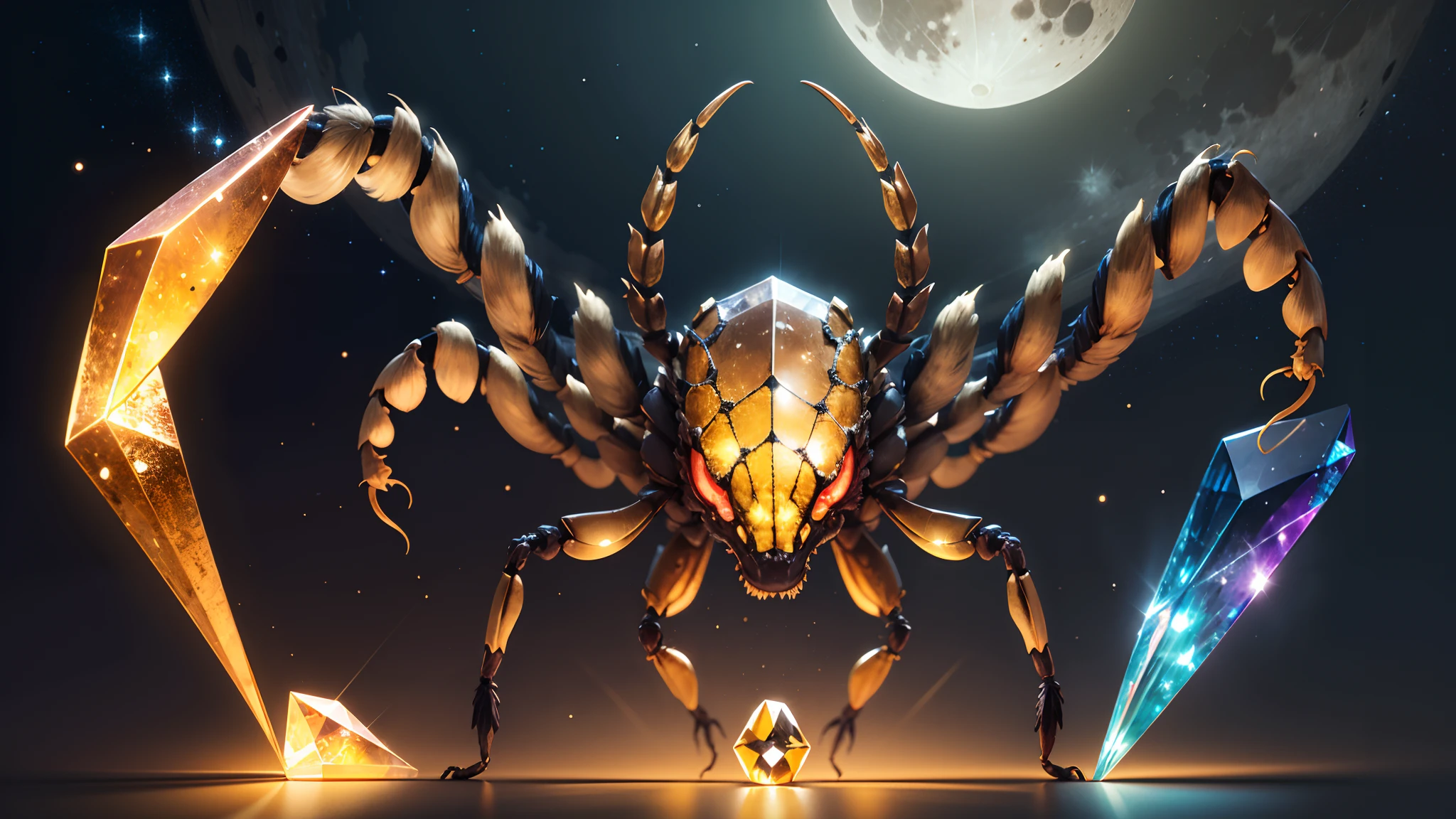 It is a night scenery with a realistic moon。In the dark、The body of a giant scorpion made of golden gems、Trapped inside a transparent crystal。This golden scorpion is、In the crystal「It is depicted devouring another scorpion made of crystal.。The light of the moon illuminates the body of a golden scorpion、The way it shines in the crystal is expressed in a fantastic way.