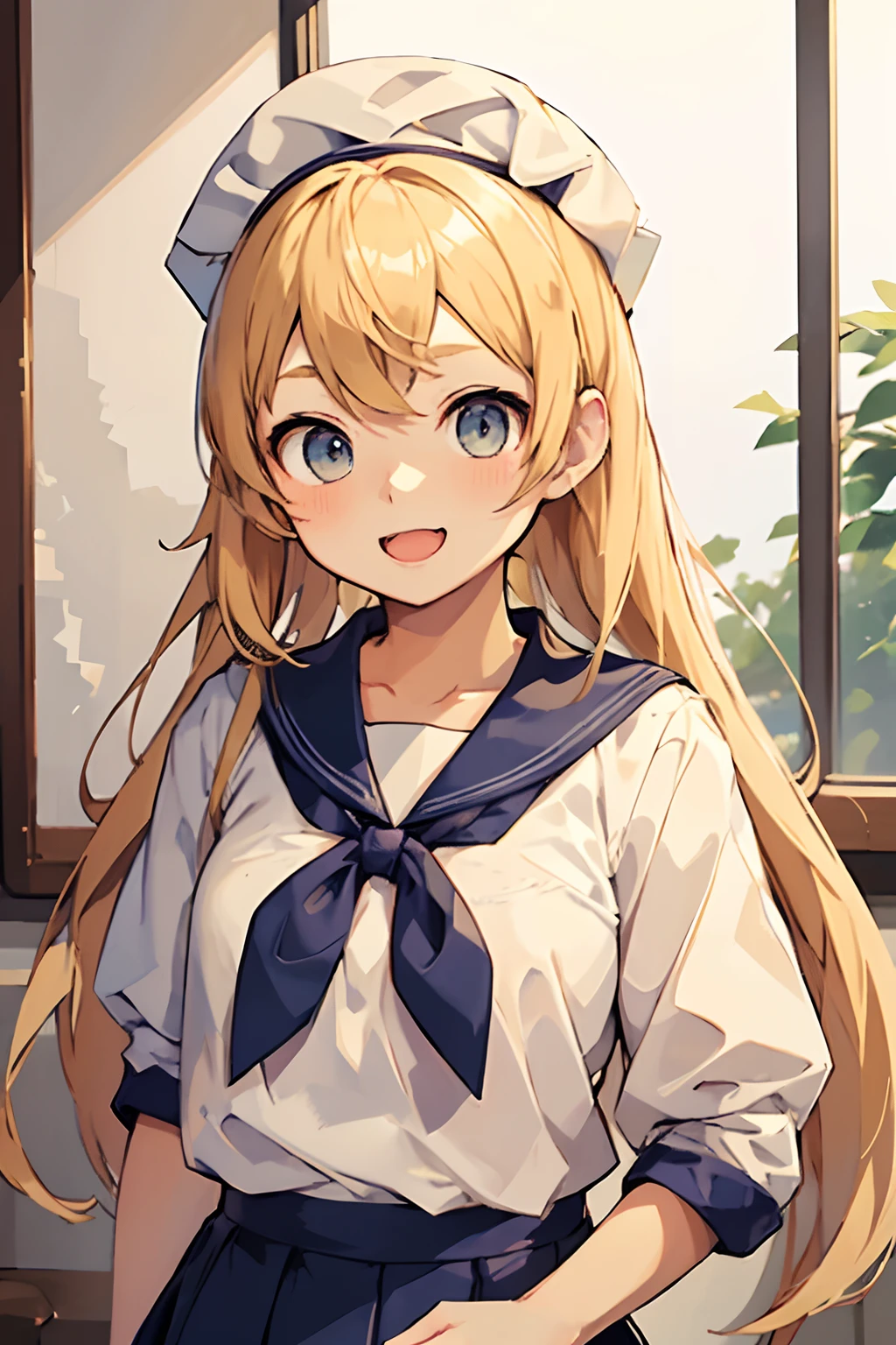 shoot from front,View from the front、white backgrounid、1girl in, Solo, Open your mouth wide to the maximum、a sailor suit、student clothes、Maid Cap、thin lipss、Long blonde hair and white shirt, anime look of a cute girl, Blonde anime girl with long hair, cheely smile, Beautiful high school student anime girl, anime visual of a young woman, extremely cute anime girl face, Best Girl Anime