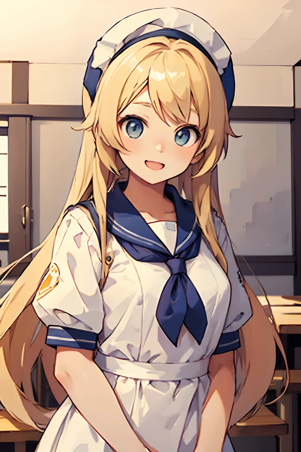 shoot from front,View from the front、white backgrounid、1girl in, Solo, Open your mouth wide to the maximum、a sailor suit、student clothes、Maid Cap、thin lipss、Long blonde hair and white shirt, anime look of a cute girl, Blonde anime girl with long hair, cheely smile, Beautiful high school student anime girl, anime visual of a young woman, extremely cute anime girl face, Best Girl Anime