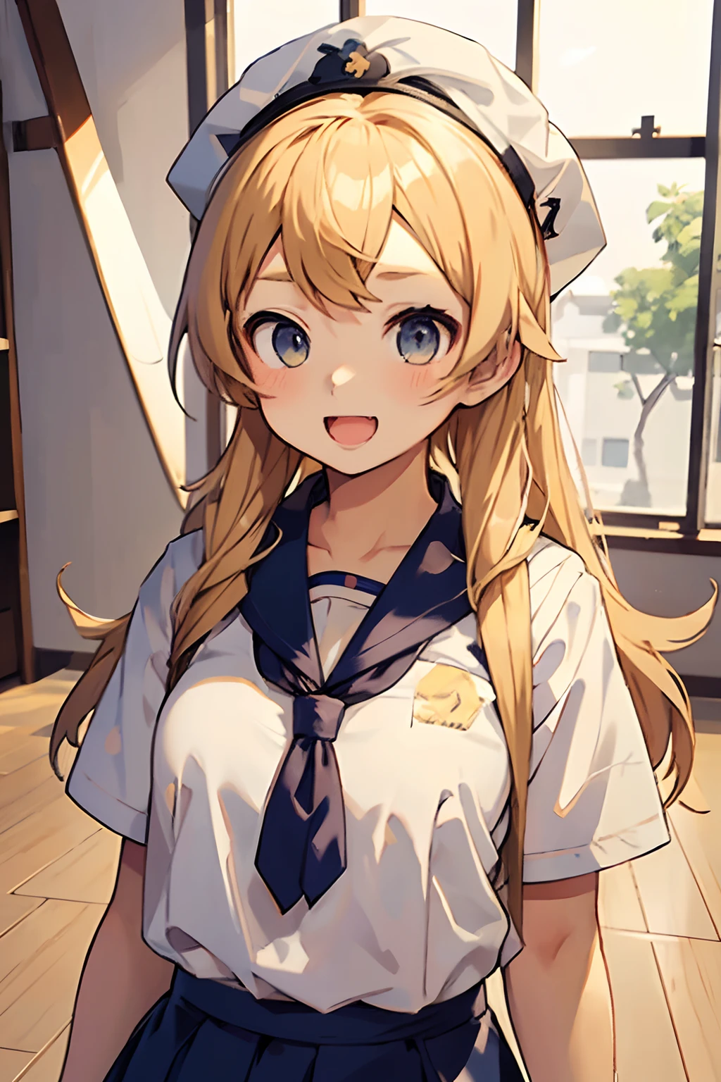 shoot from front,View from the front、white backgrounid、1girl in, Solo, Open your mouth wide to the maximum、a sailor suit、student clothes、Maid Cap、thin lipss、Long blonde hair and white shirt, anime look of a cute girl, Blonde anime girl with long hair, cheely smile, Beautiful high school student anime girl, anime visual of a young woman, extremely cute anime girl face, Best Girl Anime