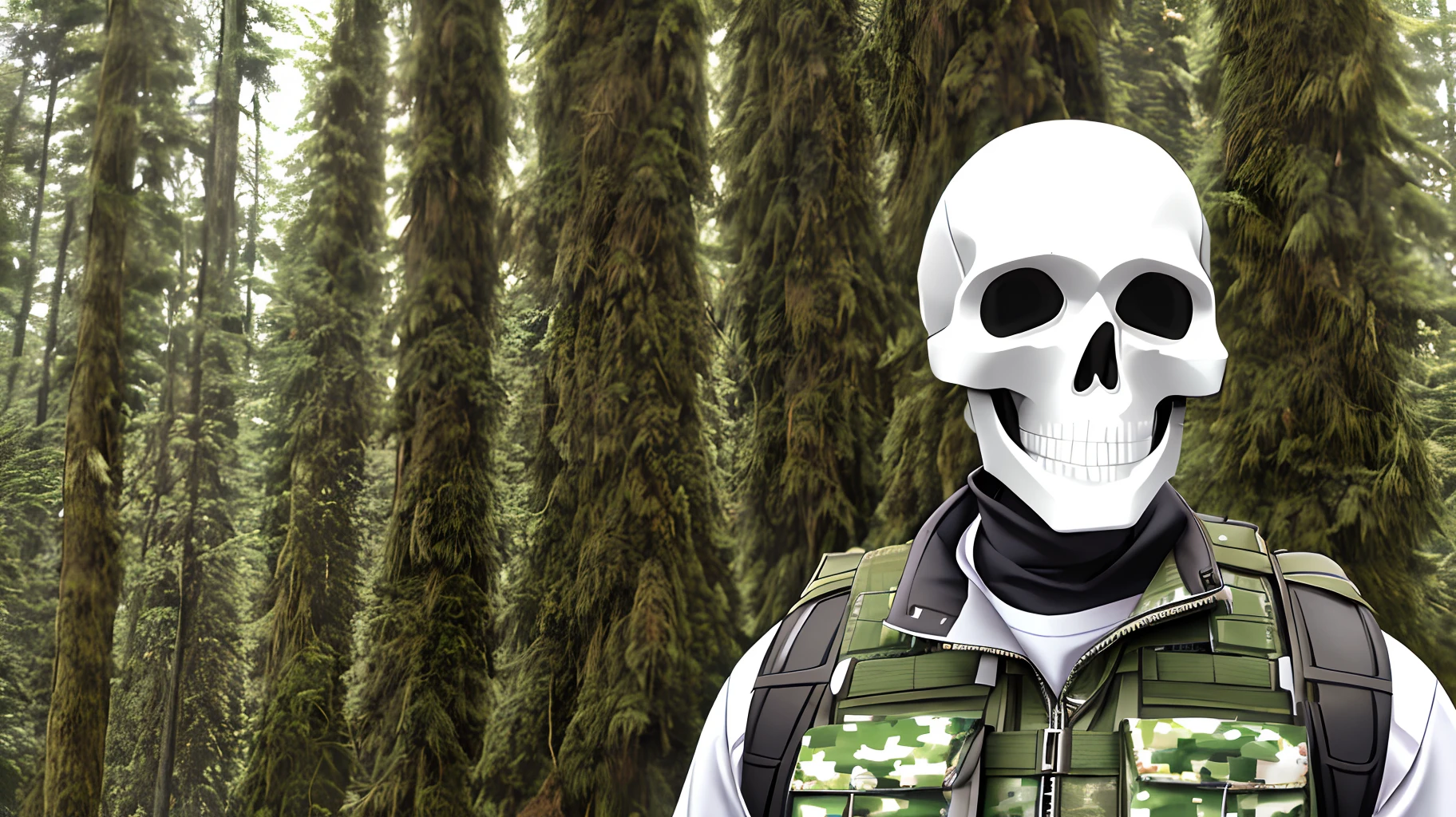 White man, skull mask, Pacific Northwest forest, camouflage, modern bullet proof vest, holding rifle