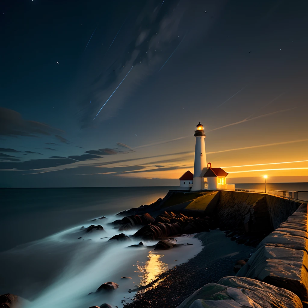 A lonely lighthouse on the rocky shore, illuminating the darkness of the night."