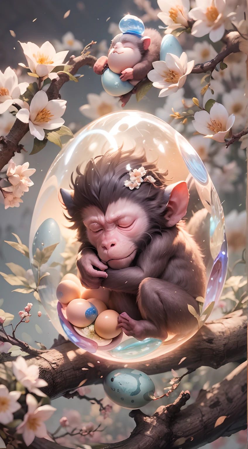 (masterpiece, best details), mythical creature, imagine a stone egg with a sleeping monkey embryo about to hatch. peach trees.