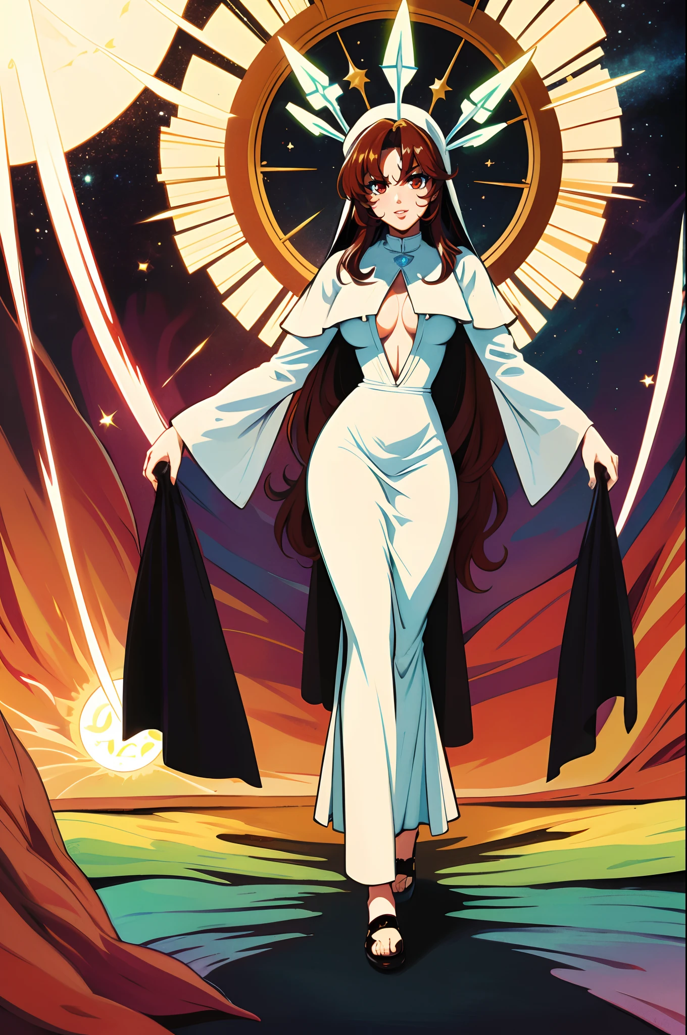 utena,huge breast, , female,fantasy goddess,there is a cartoon picture of a woman with a very large breast, glowing angelic being, glowing holy aura, inspired by Luma Rouge, the non-binary deity of spring, ethereal rainbow nimbus, the butterfly goddess of fire, inspired by Marie Angel, glowing aura around her, astral fairy, as the goddess of the sun, “uwu the prismatic person, big breast, happy, beautiful eyes, , full body, walking, long robe, long dre, catgirlss, nun, priestess ,holy, smile, long dress, brown hair, female,red eyes, black robe with stars symbolism