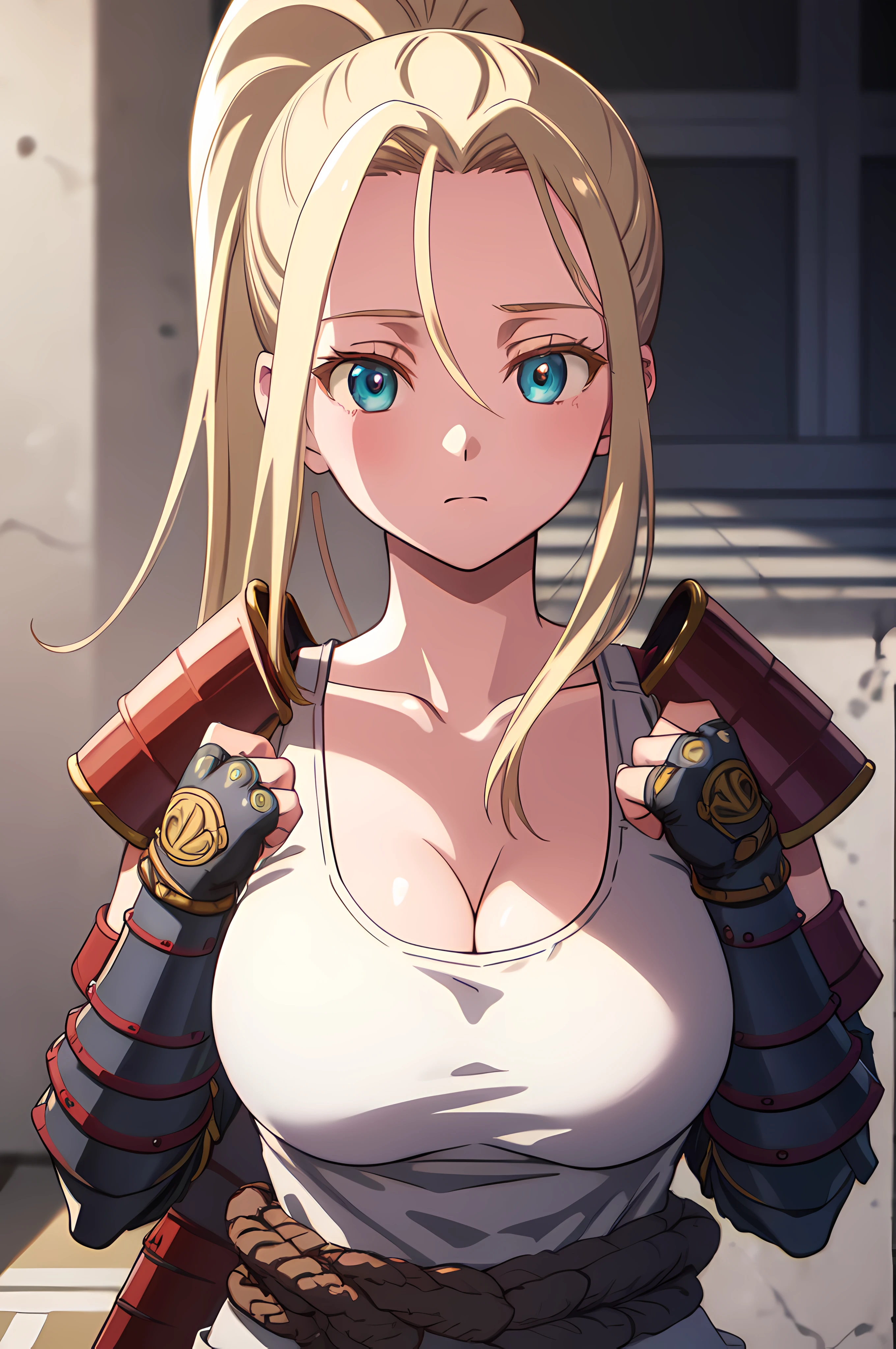 beatrixamerhauser, beatrix amerhauser, long hair, blue eyes, blonde hair, gloves, ponytail, (medium breast:1.2),
BREAK gloves, fingerless gloves, armor, japanese armor, tank top, white tank top, cleavage, collarbone,
BREAK looking at viewer,
BREAK outdoors,
BREAK (masterpiece:1.2), best quality, high resolution, unity 8k wallpaper, (illustration:0.8), (beautiful detailed eyes:1.6), extremely detailed face, perfect lighting, extremely detailed CG, (perfect hands, perfect anatomy), (POV, close up)