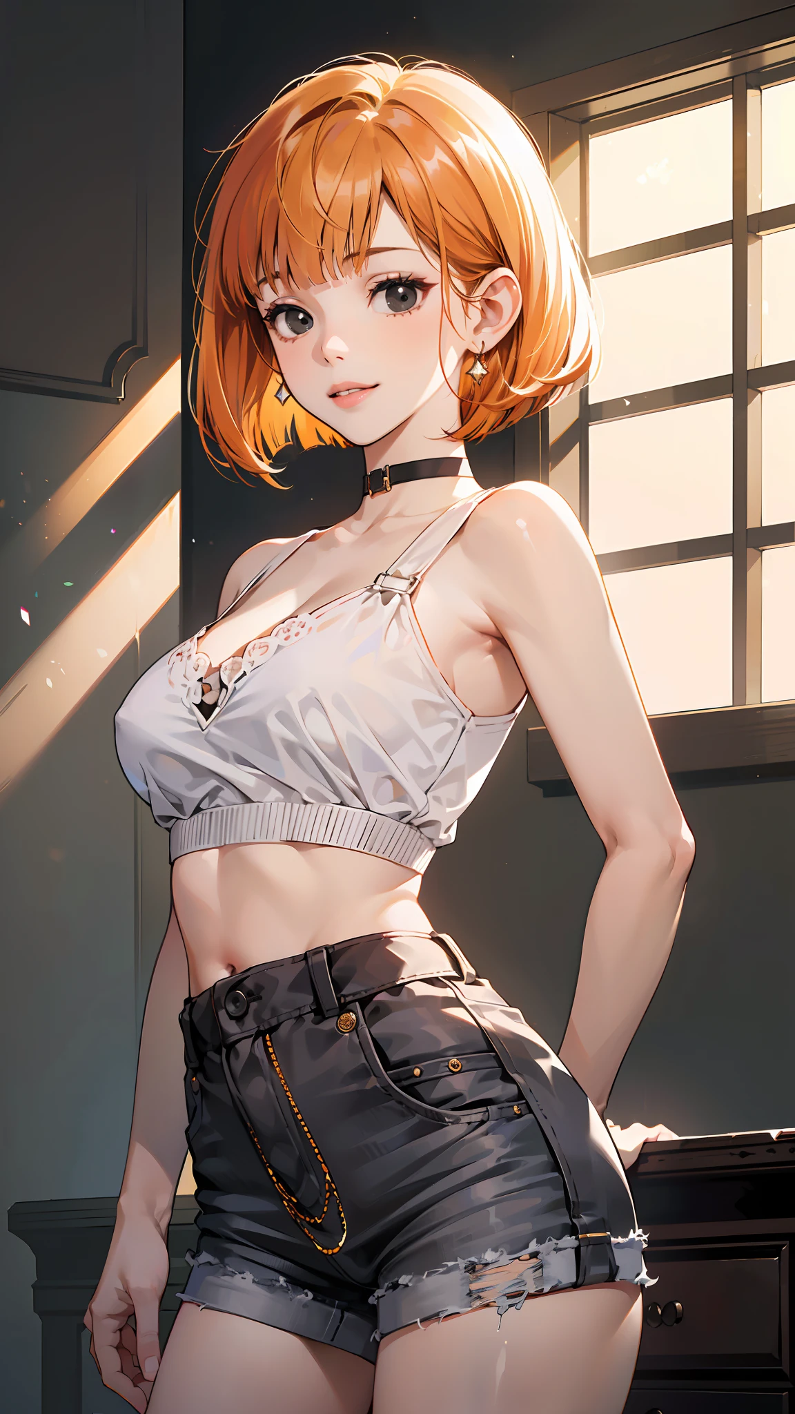 (masterpiece, best quality, (1girl:1.5), solo, intricate details, chromatic aberration), ((short wavy hair, bangs, (black eyes:1.5), blunt bangs, orange hair, bob cut)), small earrings, sharp eyes, choker, (large breasts: 1.2), cleavage, light smile, (black crop top, thin material, jean shorts), open waist, (symmetry eyes), (perfect symmetrical body), night, (((natural light))), backlighting, against grey wall, look at viewer, (((centered shot, from front, face and waist))),