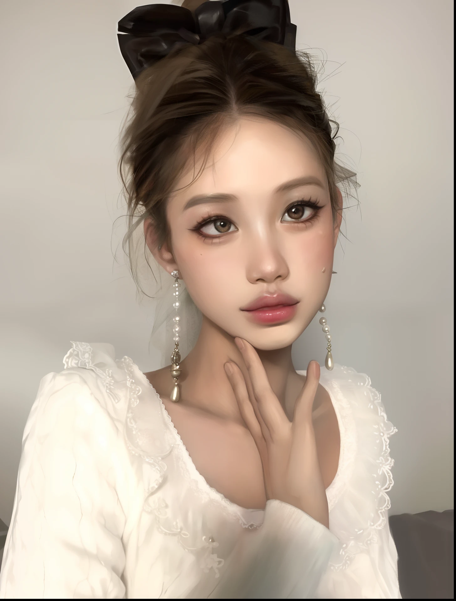 A closeup of a woman with a bow on her head, maquiagem macia, beautiful aesthetic face, maquiagem coreana popular, maquiagem sul-coreana popular, young adorable korean face, lindo rosto delicado, cara muito bonita, maquiagem leve, belo rosto delicado, Ulzzang, beautiful pale makeup, Rosto bonito das s japonesas, maquiagem sutil, rosto sexy com maquiagem completa, korean face features