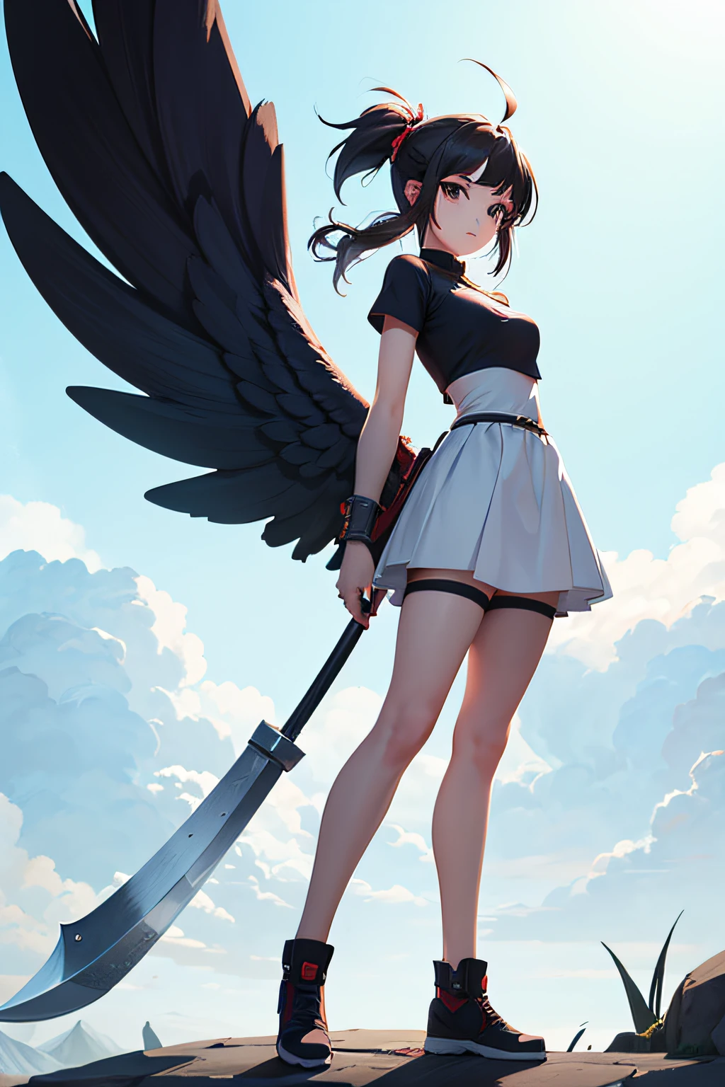 Cartoon girl with big head and big axe, cute character, inka harpy girl, Game character design, Stylized anime,white backgrounid