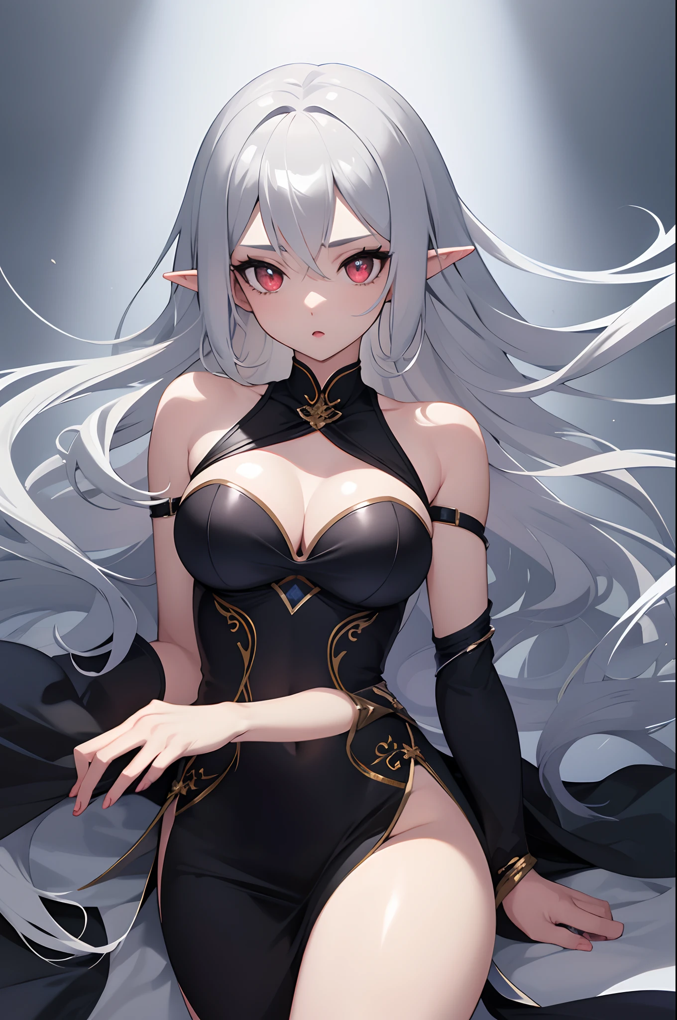 1girl, anime, cute girl, elf, blank background, white background, fantasy, detailed dark fantasy dress with highlights, beautiful face, beautiful eyes, dark colors, medium breasts, slight cleavage, beautiful skin, cute, silver hair, red eyes, breast curtains, extremely delicate and beautiful, (beautiful detailed face:1.0), (detailed deep eyes), symmetrical breasts, deep eyes, shiny skin, portrait, slender waist, hips wider than shoulders, thighs, young girl