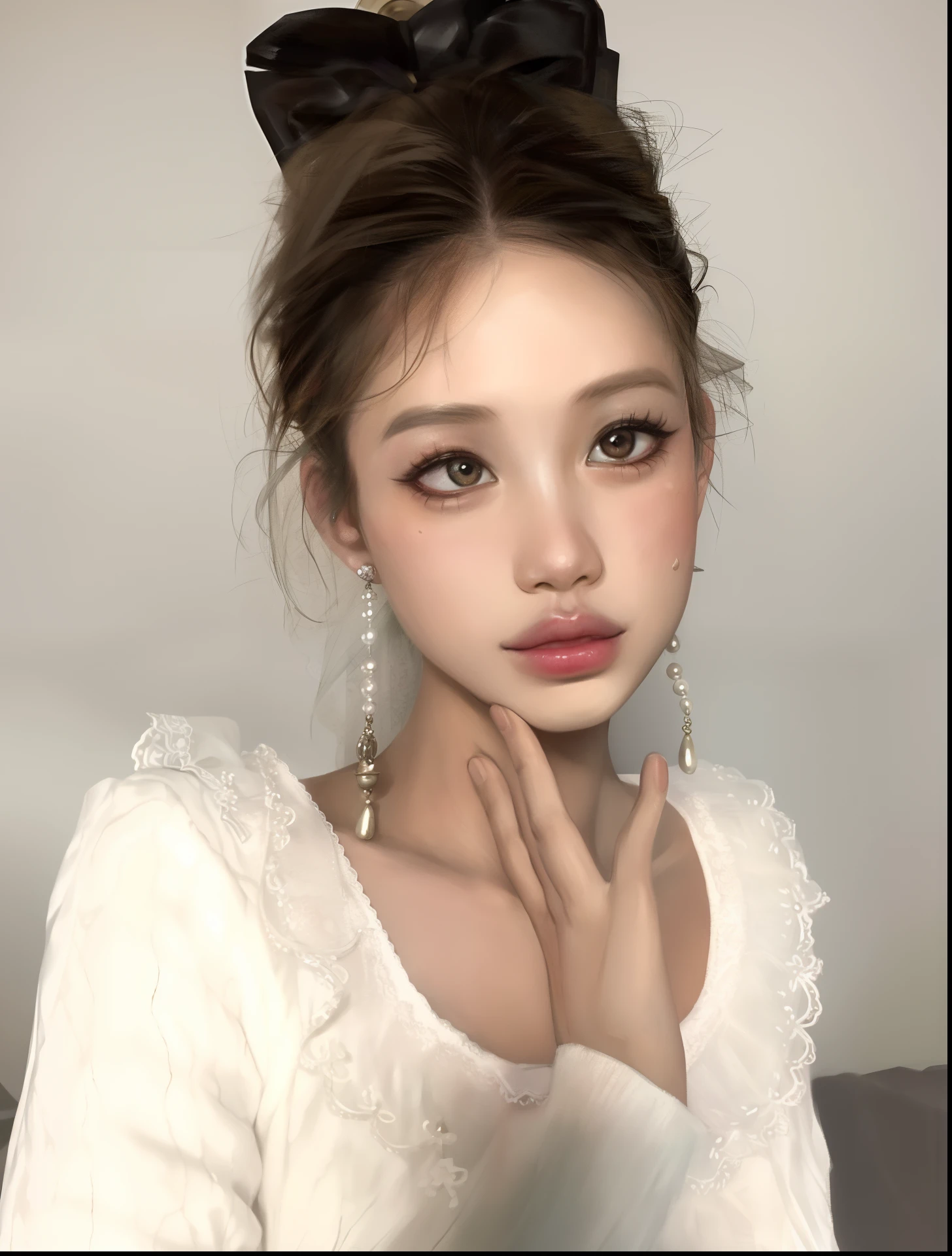 A closeup of a woman with a bow on her head, maquiagem macia, beautiful aesthetic face, maquiagem coreana popular, maquiagem sul-coreana popular, young adorable korean face, lindo rosto delicado, cara muito bonita, maquiagem leve, belo rosto delicado, Ulzzang, beautiful pale makeup, Rosto bonito das meninas japonesas, maquiagem sutil, rosto sexy com maquiagem completa, korean face features