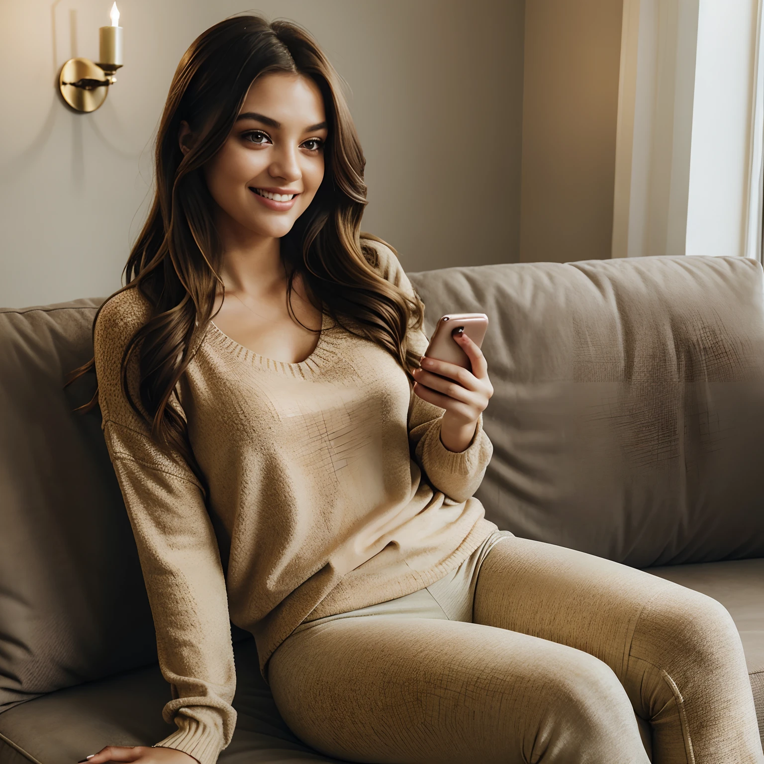 Capture the candid essence of Autumn, the charismatic influencer, laughing at something on her phone as she lounges comfortably on her home couch. Autumn, in her mid-20s, stands at approximately 5'4" with long, wavy chestnut hair cascading gracefully onto her shoulders. Her athletic hourglass figure is accentuated by her full bust, and her complexion radiates with a warm, sun-kissed tan. Autumn's expressive brown eyes exude charisma, and her demeanor is one of relaxed confidence.
Autumn is dressed in stylish yet comfy loungewear that complements her figure. She's adorned in a cozy, form-fitting sweater in a warm, inviting color, paired with soft, relaxed-fitting leggings. These clothes highlight her effortless style while ensuring maximum comfort.
The surroundings capture the coziness of Autumn's home. She's seated on a plush couch, adorned with soft cushions and cozy throws, and bathed in warm, inviting lighting that creates a comfortable and welcoming atmosphere.
But the spotlight here is on Autumn herself. In this candid moment, she's captured mid-laughter, her cellphone held in one hand, and her eyes twinkling with delight as she reads something amusing on the screen. These shots should masterfully convey the sheer joy and relaxation of her leisure time, with her phone and laughter as the focal point.
Intense makeup, laughter, looking down, symmetrical eyes, symmetrical face, photorealistic, photography, path tracing, specular lighting, volumetric face light, path traced hair, visible shadows, intricate, elaborate, hyper-realistic.