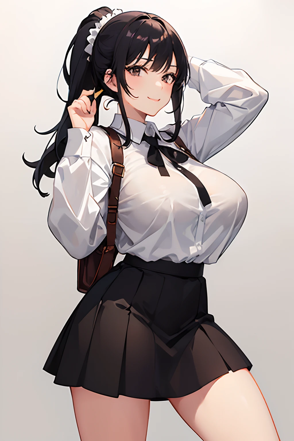 girl wearing white shirt, long sleeves, black hair, medium hair, white skirt, black eyes, tight fit, no skirt, hands above head, very big breast, masterpiece, best quality, smug smile, leaning forward, mouth open, ponytail, sexy underwear