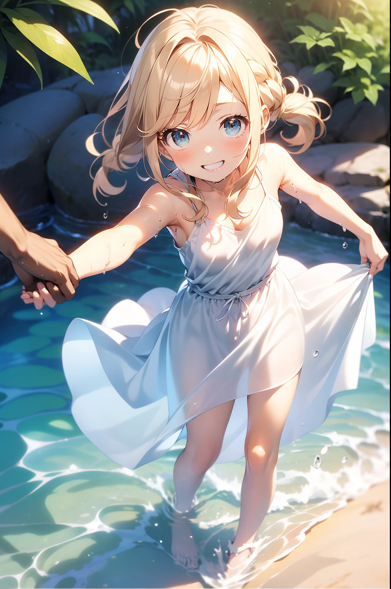 in 8K、top-quality、​masterpiece、ultra-detailliert、Ultra-high resolution、Anime style、((1 persons))、girl with、a blond、Braided hair、White sandy beach、Wet white t-shirt、bare shoulders​、wetting hair、wetted skin、water dripping、pov from down、Red face、Spread your arms、A smile