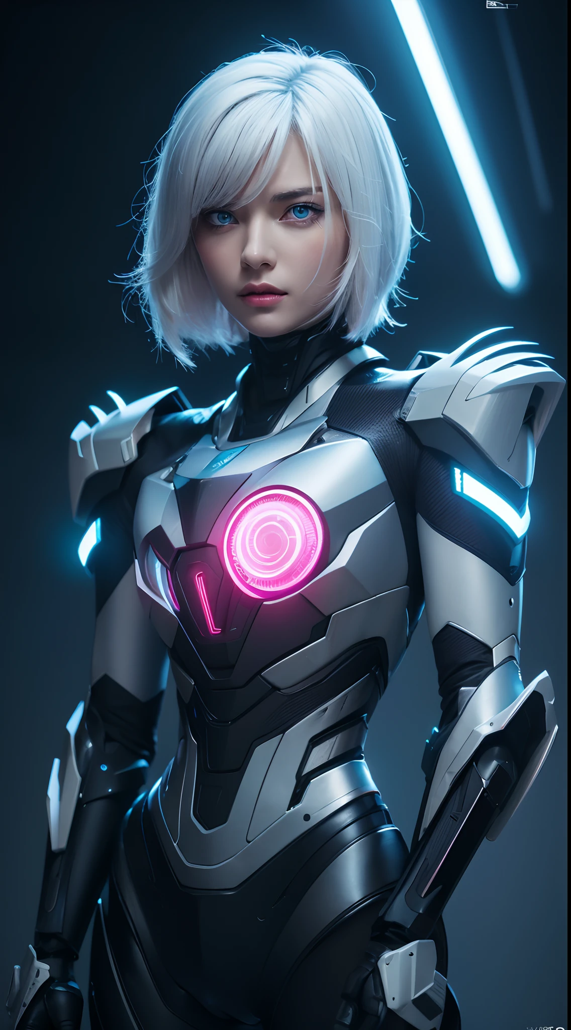 (Best quality,4K,8K,A high resolution,Masterpiece:1.2),Ultra-detailed,(Realistic,Photorealistic,photo-realistic:1.37),Girl,Mecha,White hair,pink armor,Beautiful detailed eyes,beautiful detailed lips,Extremely detailed eyes and face,Long eyelashes,Futuristic,Shiny metal,High-tech,Slim figure,Confident posture,In action,Fierce expression,Glowing energy core,Mechanical joints,Urban background,Neon lights,Vivid colors,Digital painting,Sci-fi,Anime style,soft and muted colors,Bright highlights,Subtle shadows,Studio lighting