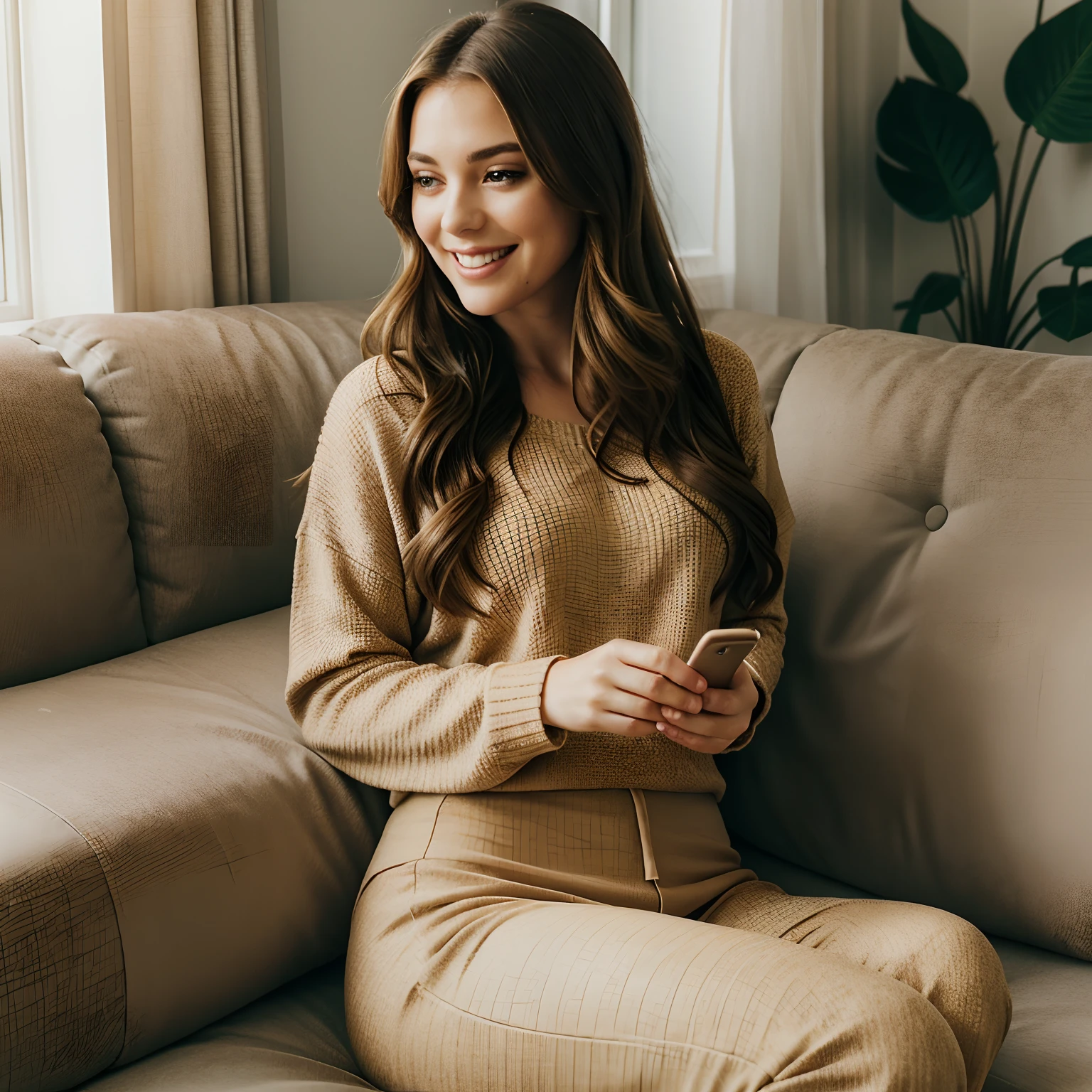 Generate an image that depicts Autumn's reaction to her 'search suggestion ban' on Twitter. Autumn, the charismatic influencer, should be portrayed at home, sitting in a cozy and stylish living room. She appears to be in her mid-20s, standing approximately 5'4" tall, with long, wavy chestnut hair cascading gracefully onto her shoulders. Her athletic hourglass figure, complete with a full bust, is highlighted by her form-fitting outfit.
In this scene, Autumn should be sitting comfortably on a plush couch, holding her phone. Her expressive brown eyes should reflect her cheeky personality as she bursts into laughter while reading about her 'search suggestion ban' on Twitter. The room should have a chic and inviting decor, with a glimpse of autumn foliage visible through the window.
The image captures the essence of Autumn's resilient and cheeky personality, showcasing her ability to find humor even in challenging situations. Laughing while looking at her phone, Intense makeup, symmetrical eyes, symmetrical face, photorealistic, photography, path tracing, specular lighting, volumetric face light, path-traced hair, visible shadows, intricate, elaborate, hyper-realistic.