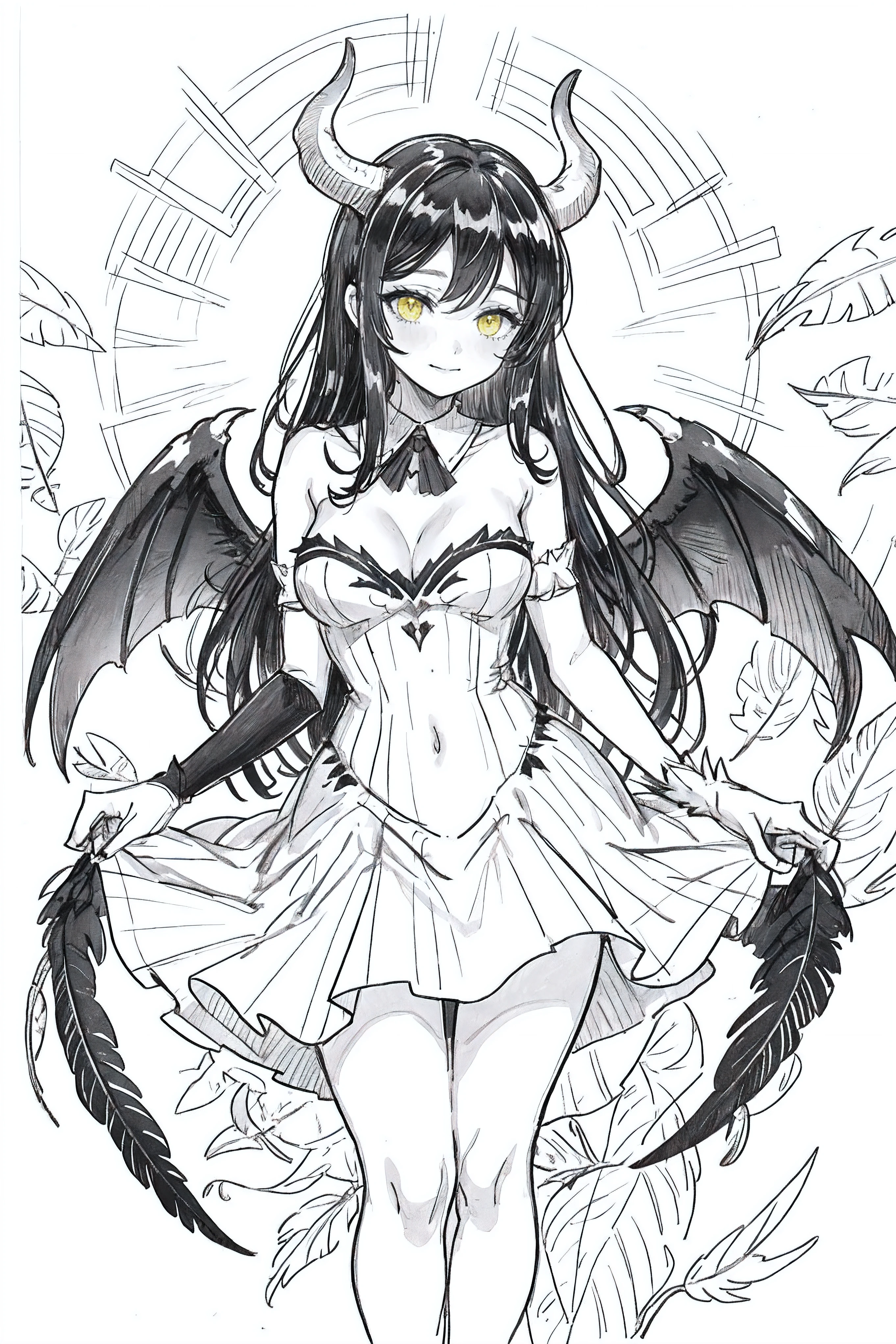 1girl,Line Art,sketch,Pencil drawing,traditional media,1girl, breasts, solo, horns, long hair, albedo (overlord), wings, large breasts, dress, hip vent, black wings, white gloves, gloves, looking at viewer, black hair, white dress, bare shoulders, hair between eyes, yellow eyes, feathered wings, demon horns, smile, feathers, demon girl, cleavage, slit pupils, detached collar, bangs, very long hair, closed mouth, black feathers, cowboy shot, covered navel, elbow gloves, white horns, standing, demon wings ,