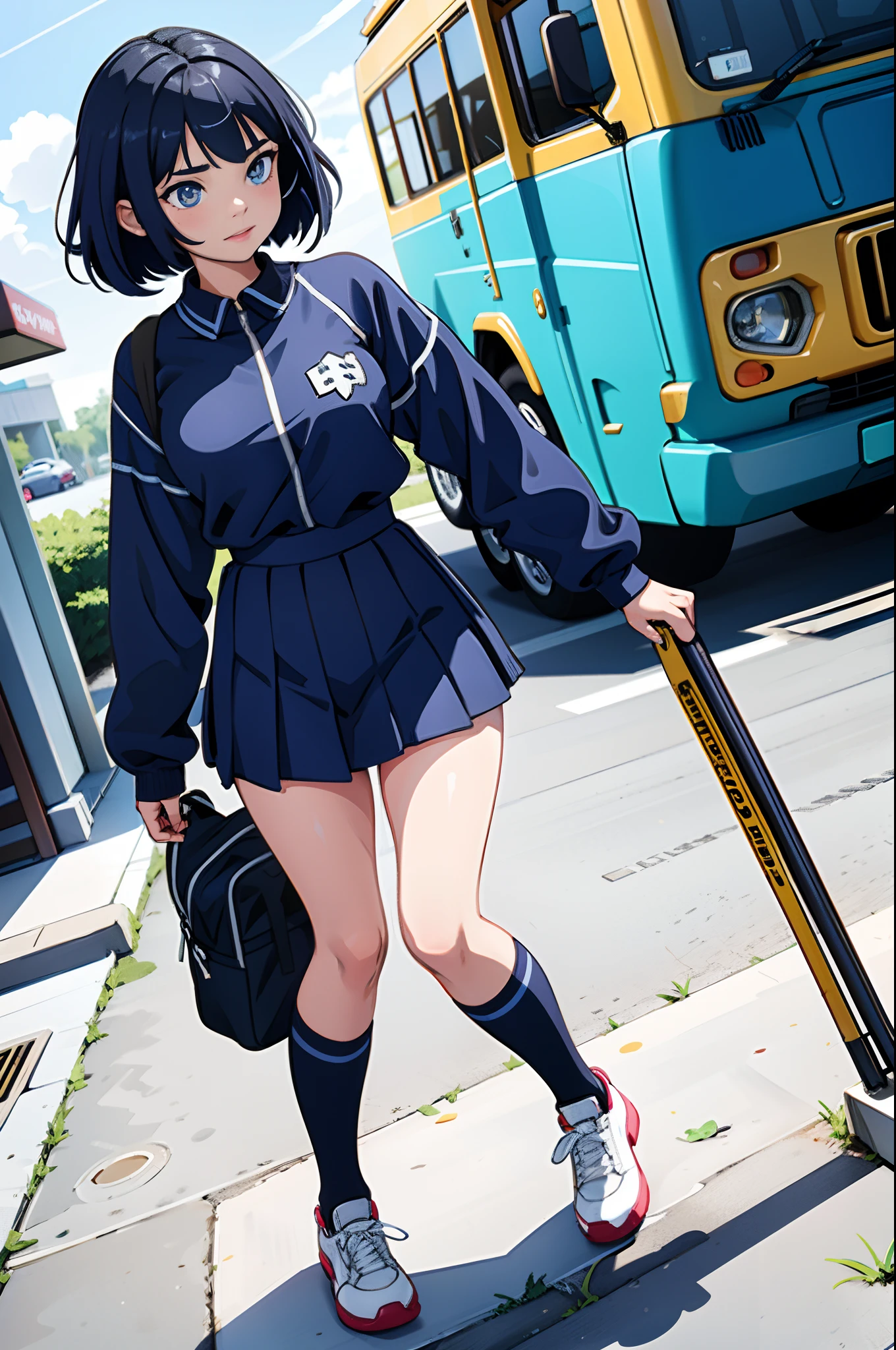 1girl, matching shoes, matching socks, dark blue hair, dark blue eyes, medium breasts, stand, standing, bob hair, high school uniform, high school backdrop, solo, beautiful detailed eyes