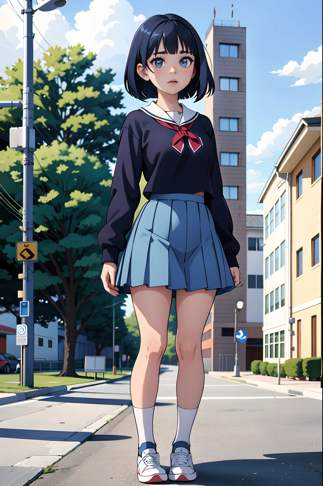 1girl, matching shoes, matching socks, dark blue hair, dark blue eyes, medium breasts, stand, standing, bob hair, high school uniform, high school backdrop, solo, beautiful detailed eyes