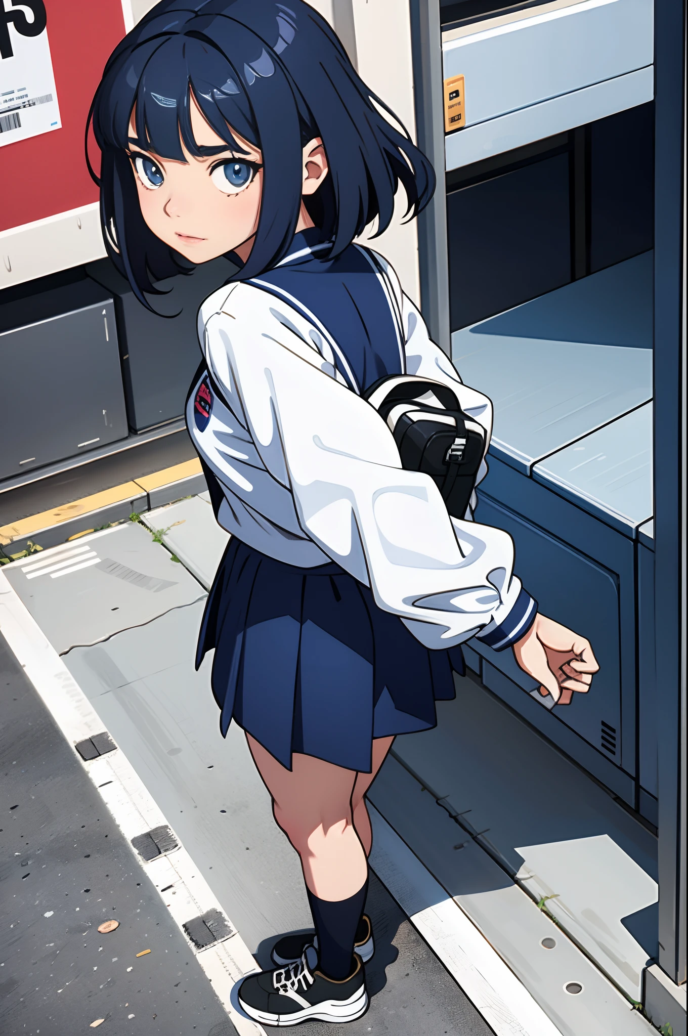 1girl, matching shoes, matching socks, dark blue hair, dark blue eyes, medium breasts, stand, standing, bob hair, high school uniform, high school backdrop, solo, beautiful detailed eyes