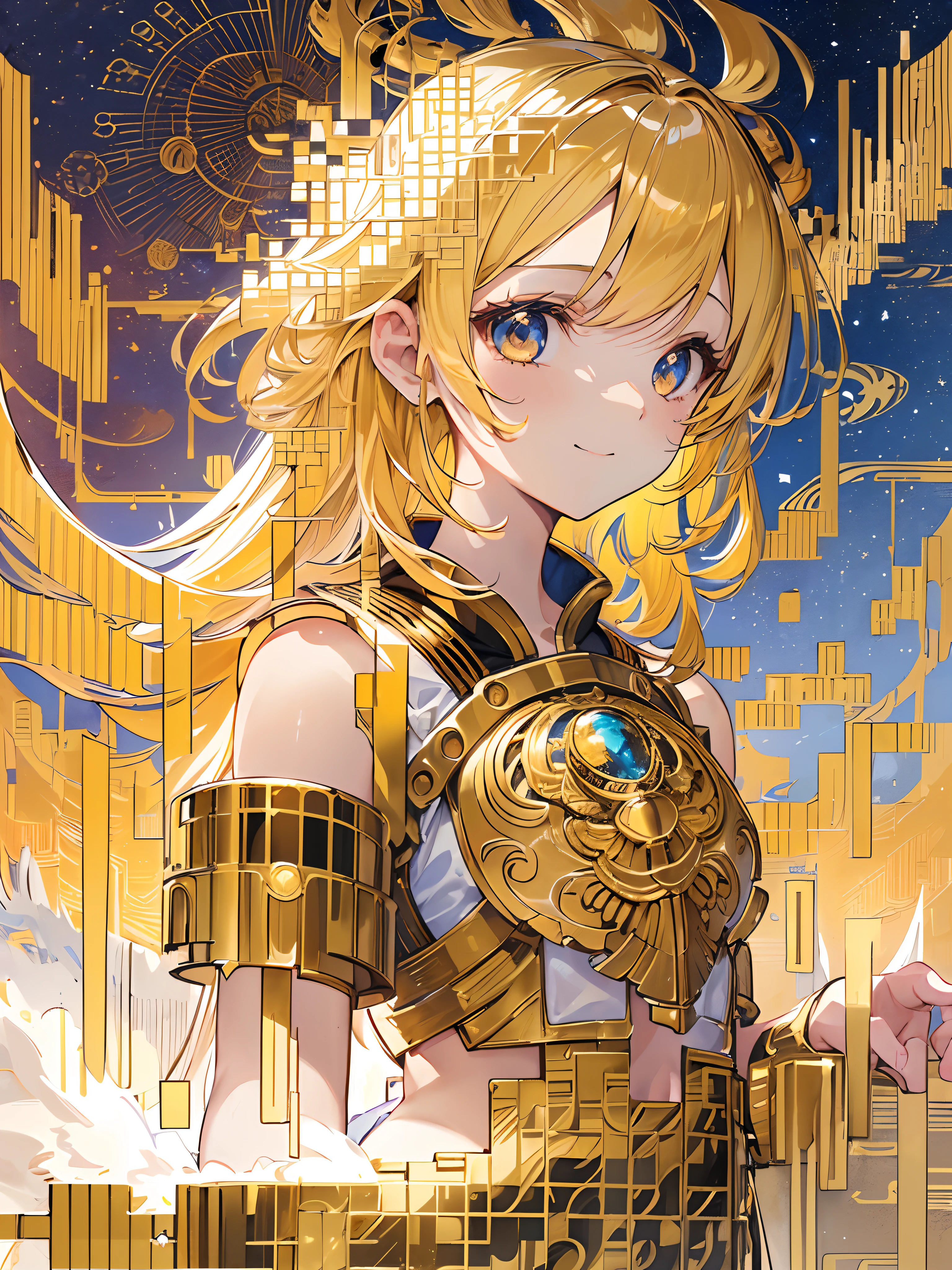 (masutepiece:1.5, Intricate details:1.3), (Best Quality, Ultra-detailed:1.3), (big golden wings), ((masutepiece)), ((Best Quality)), (Ultra-detailed), ((Extremely detailed)), 4K, ((8K)), ((Best Quality)), (Beautiful), (Illustration), Painting, Dynamic Angle, look down from above, (Beautiful sky), evening, Golden Sun Shower, She shines, Cute little girl s, 1girl in, (((Golden breastplate))),  (flat chest), Cute, solo0, ((beautiful gold hair)), beautiful gold eyes, ((Beautiful eyes)), White-skinned, Long hair, lightsmile, (Wind-effect), shiny, (Flying),Bakemonogatari, Upper body,