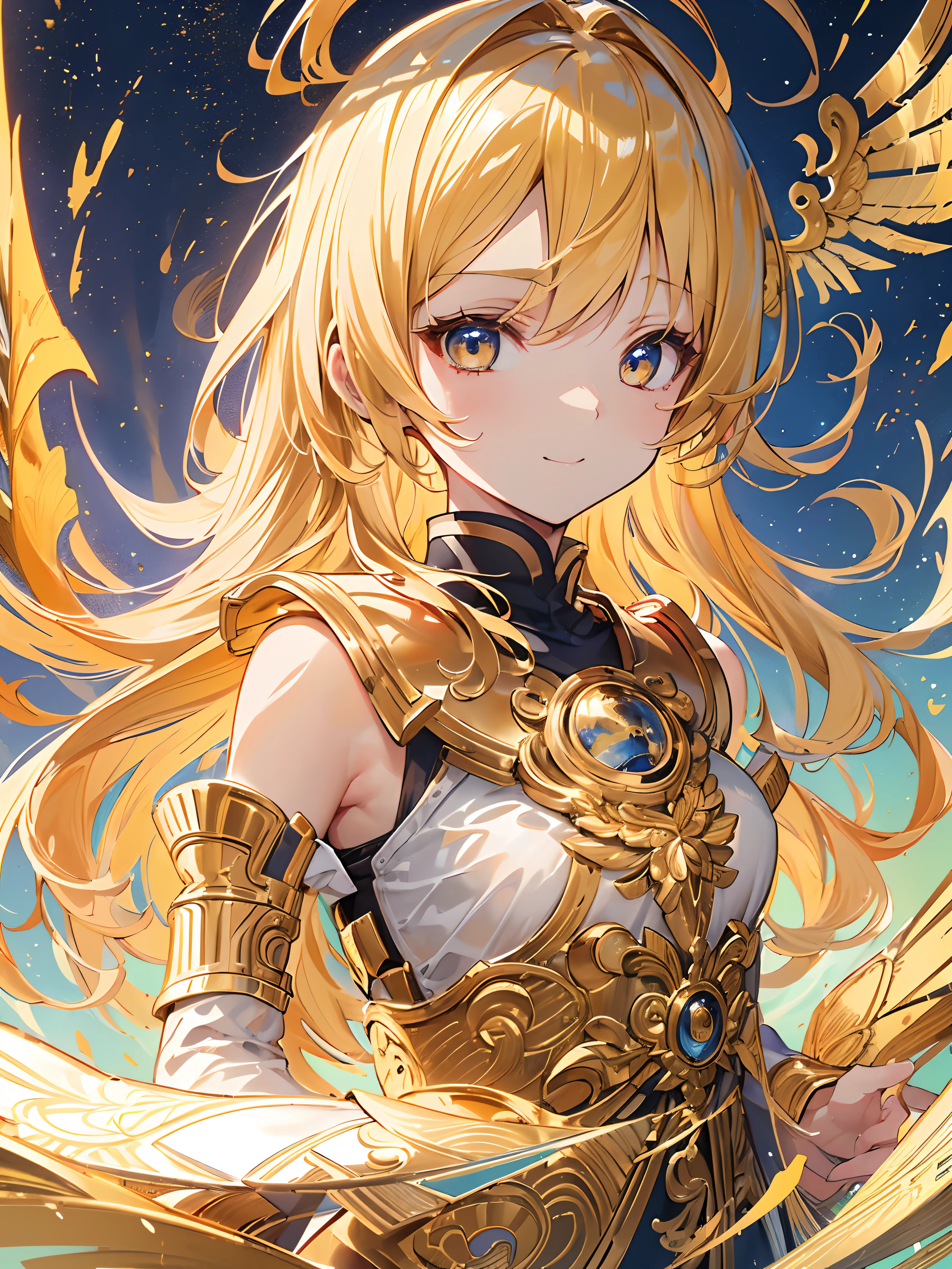 (masutepiece:1.5, Intricate details:1.3), (Best Quality, Ultra-detailed:1.3), (big golden wings), ((masutepiece)), ((Best Quality)), (Ultra-detailed), ((Extremely detailed)), 4K, ((8K)), ((Best Quality)), (Beautiful), (Illustration), Painting, Dynamic Angle, look down from above, (Beautiful sky), evening, Golden Sun Shower, She shines, Cute little girl s, 1girl in, (((Golden breastplate))),  (flat chest), Cute, solo0, ((beautiful gold hair)), beautiful gold eyes, ((Beautiful eyes)), White-skinned, Long hair, lightsmile, (Wind-effect), shiny, (Flying),Bakemonogatari, Upper body,
