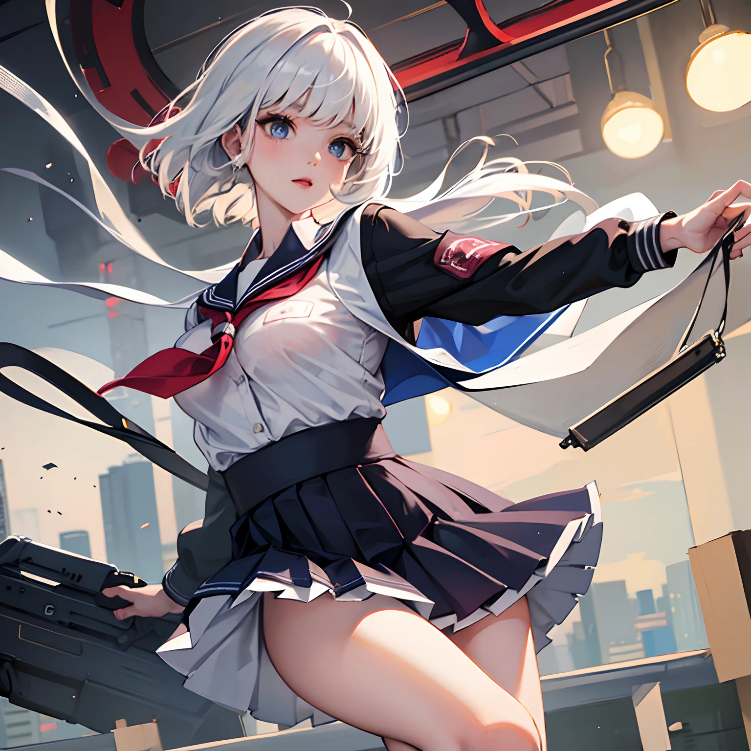 School girl, medium breast, white haired, wet school uniform, lifted skirt, thin long stocking short hair
