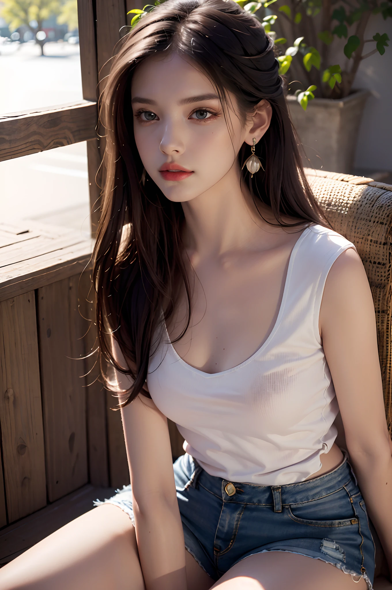 Best quality, masterpiece, super high resolution, (realistic: 1.4), original photo, (evening street), 1 girl, black eyes, looking at the audience, long hair, light makeup, lips, small ears, white t-shirt, denim shorts, earrings, sitting Ferrari, big breasts, slim