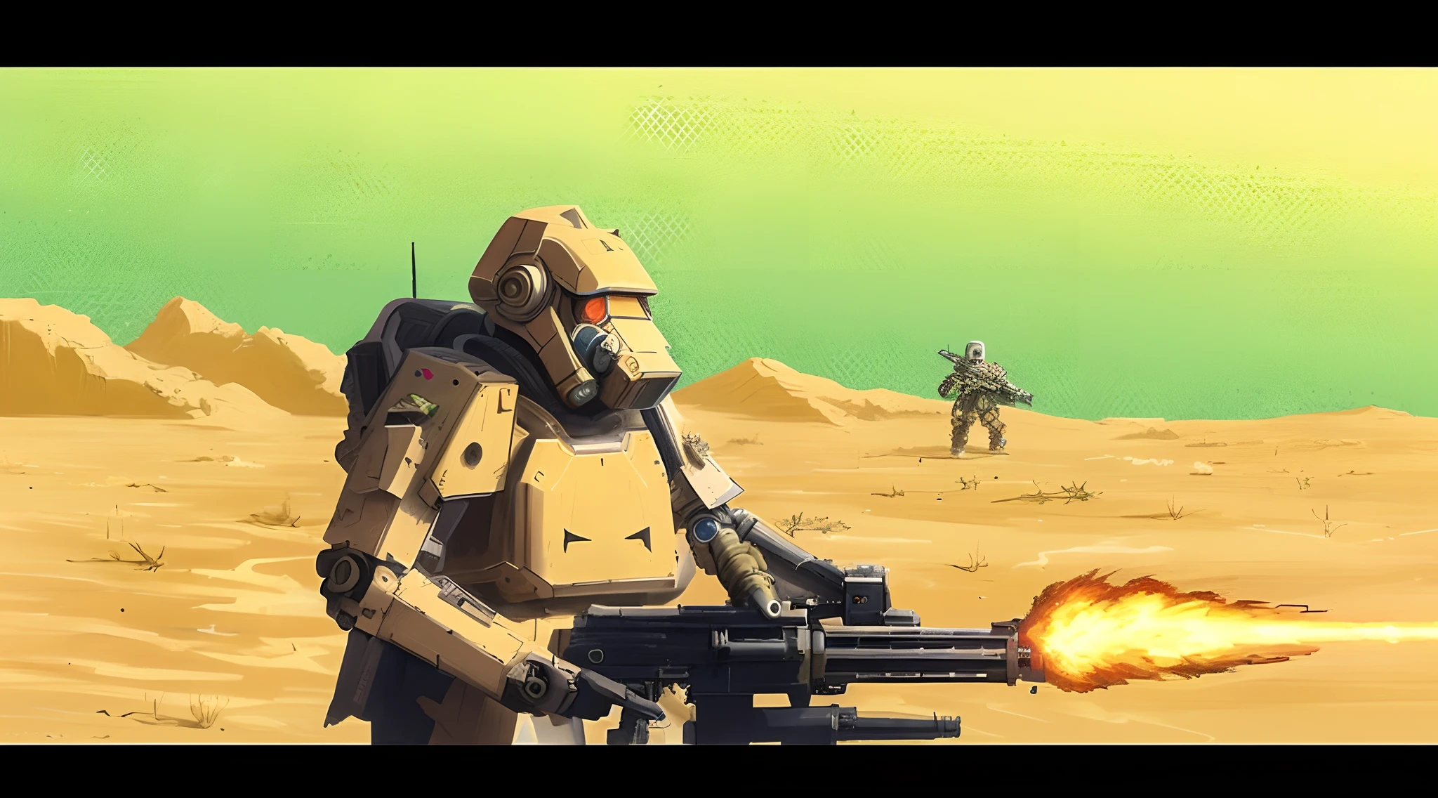 masterpiece, high quality, realistic, man in a gas mask holding a gun in a desert, soldiers and mech fight, space soldier on mars with a gun, mech warrior, battletech style, mech machines firing bullets, konami mecha, war robot, mad max battlemech, saudi futuristic warrior mecha, war mechs fighting, test subject supersoldier, metal slug concept art, battlemech