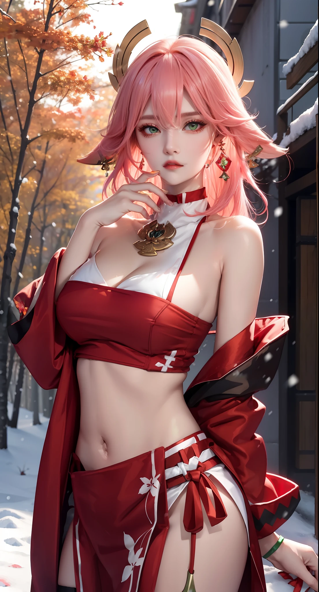 ((winter background)), ((Japan snowing forest background)), (((luminous background))), (turning back, (back shot), ass focus, brow front,:1.2), (Masterpiece, Excellent, 1girl, solo, complex details, color difference), realism, ((medium breath)), off-the-shoulders, big breasts, sexy, Yae Miko, long pink hair, red headdress, red highlight, hair above one eye, green eyes, earrings, sharp eyes, perfectly symmetrical figure, choker, neon shirt, open jacket, turtleneck sweater, graffiti, dim lighting, alley, looking at the audience, ((mean, seductive, charming)), tulle, bare shoulders, blooming flower fields, radiant skin, faint smile, sexy, bust, no breast cover, naked, cocked ass, tummy look