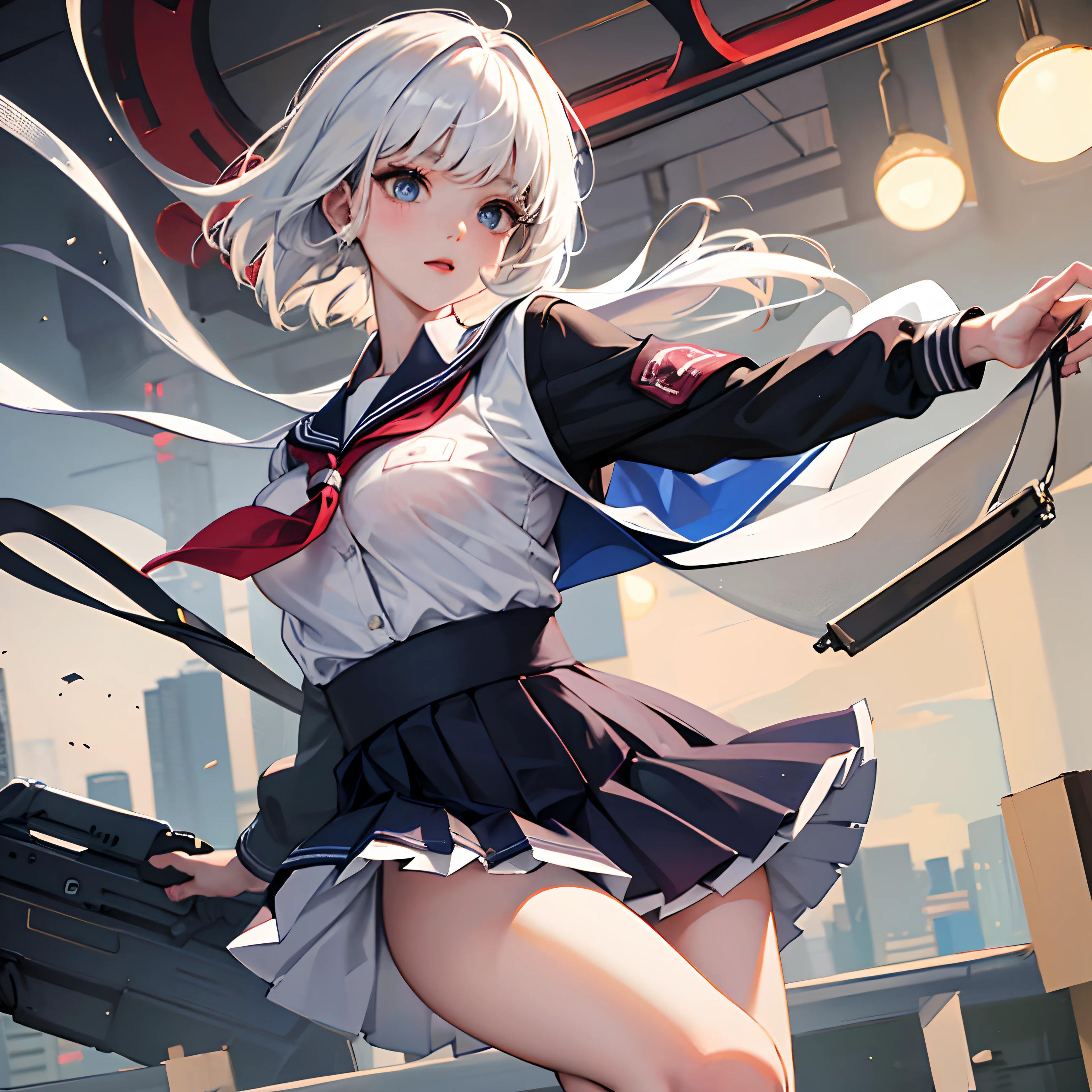 School girl, medium breast, white haired, wet school uniform, lifted skirt, thin long stocking short hair
