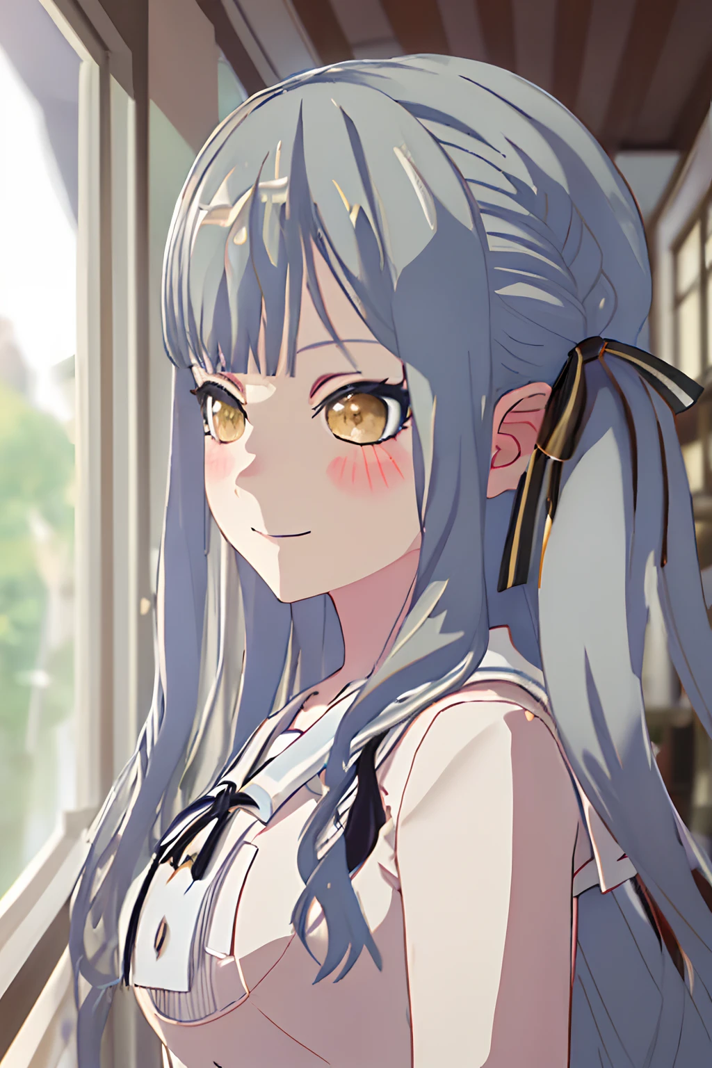 Best quality, Masterpiece, A high resolution, Solo, {Togawa_Sakiko_Bunmon Itsmigo:1.15}, Long_Hair, ribbon, Hair_ribbon, bangs, Blush, black_ribbon, Yellow_Eyes, Grey_Hair, side locks, Portrait, Closed_Mouth, Smile, Indoors, Blurry, Blue_Hair, 1girll, Blurry_Background, 鎖骨, day, Expressionless, Outdoors, sailors_Collar, school_uniform, serafuku, shirt, White_sailors_Collar, Depth_af_Field, Hair_decorations, hair pin, black_shirt, brown_Eyes, Looking_away, Looking_To_The_Side, The upper part of the body_Body