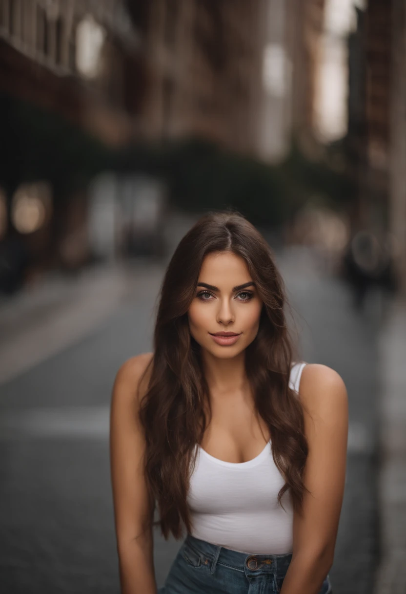 Arafed Mujer con una camiseta blanca sin mangas y un collar, en un new york, Chica sexy con ojos claros , Retrato Sophie Mudd, short brown hair and large eyes, selfie de una mujer joven, Ojos del dormitorio, Violeta Myers, sin maquillaje, Maquillaje natural, staring directly into camera, cara con artgram, maquillaje sutil, Impresionante foto de cuerpo completo, penetrantes ojos verdes, beautiful angle, Pose atractiva, Cute little girl, pose sexy, Imagen de cuerpo entero, cuerpo completo, full body shoot, Diosa morena, High detail, Pose satisfecha, con falda y botas grises, falda, Botas