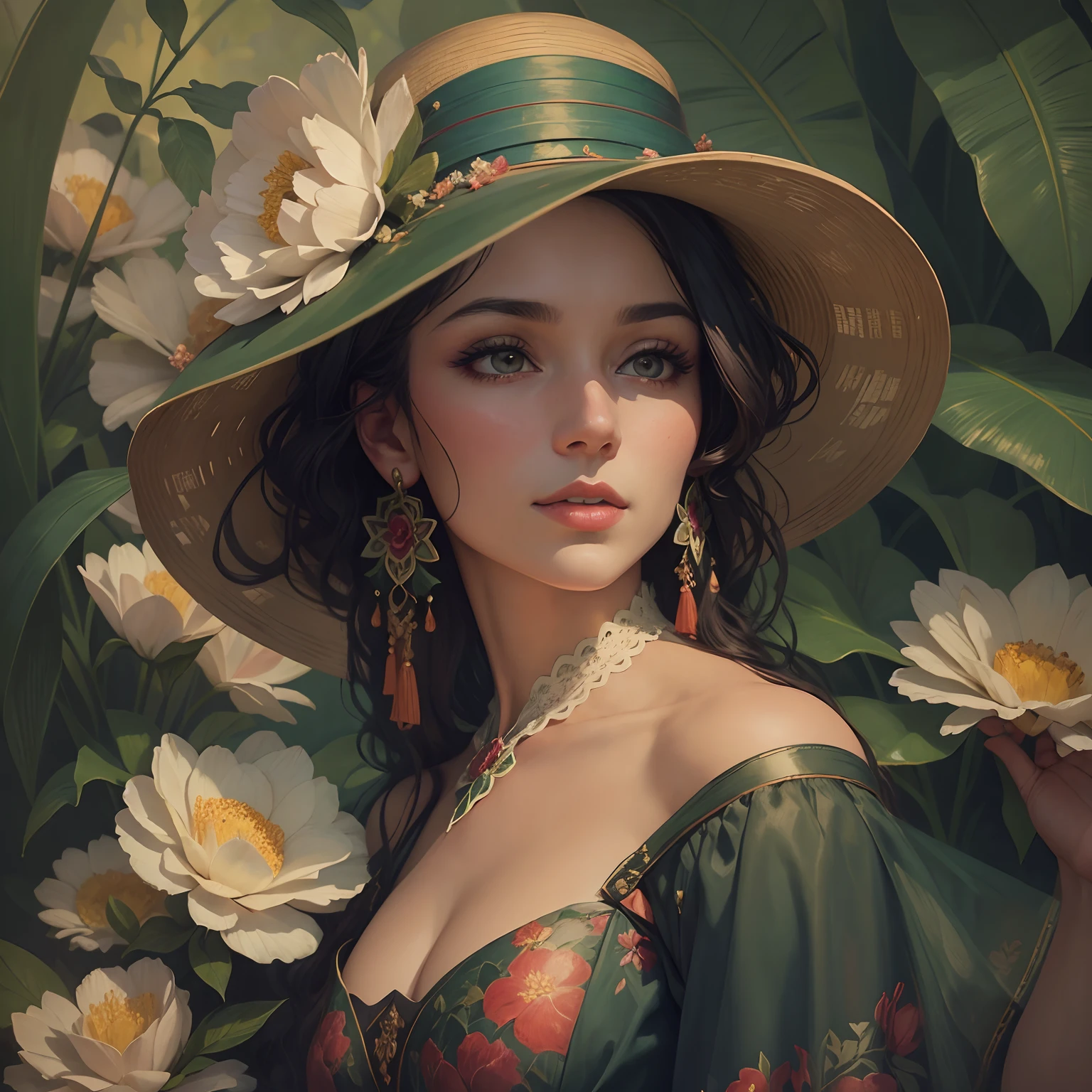 A stunning woman adorned in a grand floral hat, captured in a full body portrait reminiscent of the 1900s. The fine art painting showcases her seated in a lush garden, surrounded by vibrant blooms and lush greenery.