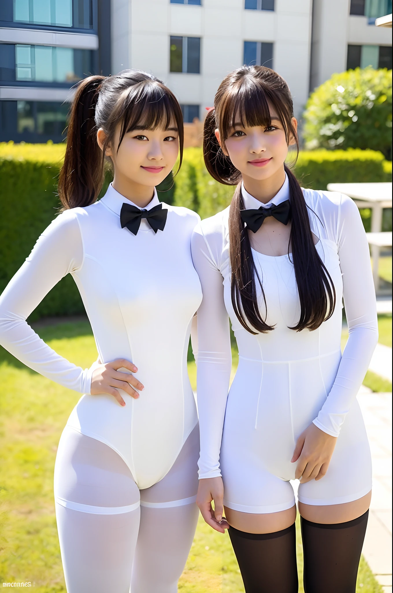 2 girls standing in school yard,long-sleeved and seemless and one-piece white jumpsuit style unitard with long compression shorts and long leggings,red bow tie,hair bow,18-year-old,bangs,a little smiles,thighs,crotch,knees,short cut hair,ponytail,from below